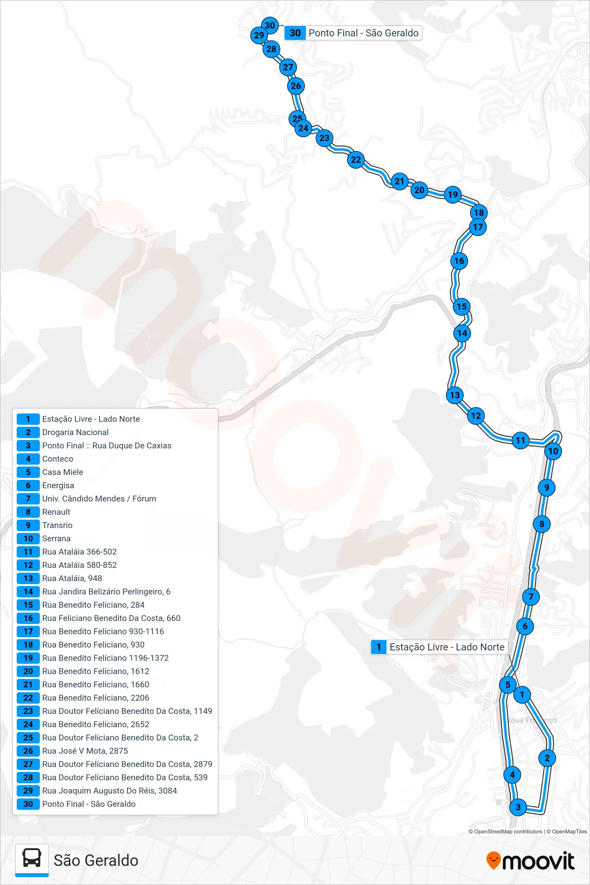 50 bus Line (São Geraldo) route and stops on a map