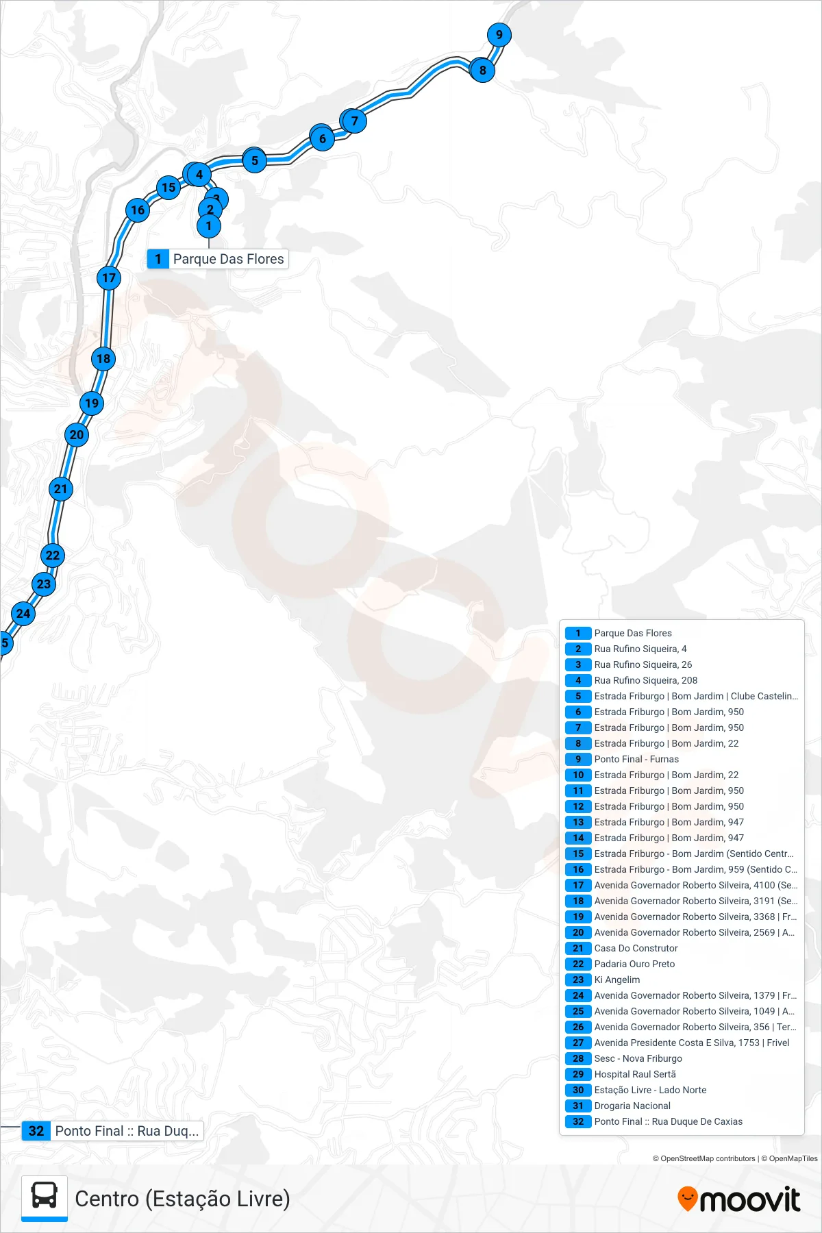 Rota e paradas da linha de ônibus 21 (Centro (Estação Livre)) no mapa