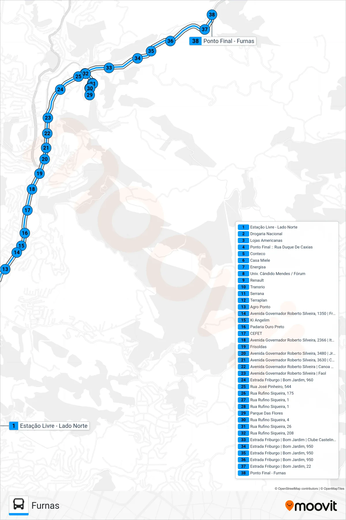 Rota e paradas da linha de ônibus 21 (Furnas) no mapa