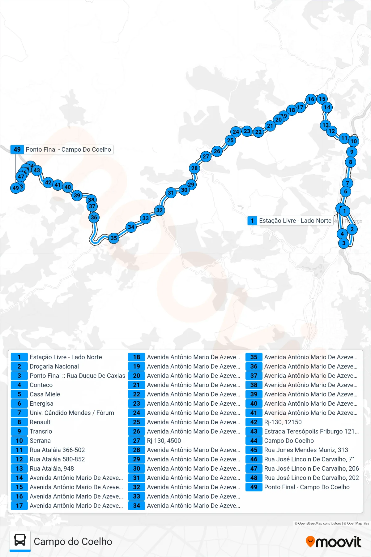 Rota e paradas da linha de ônibus 58 (Campo Do Coelho) no mapa