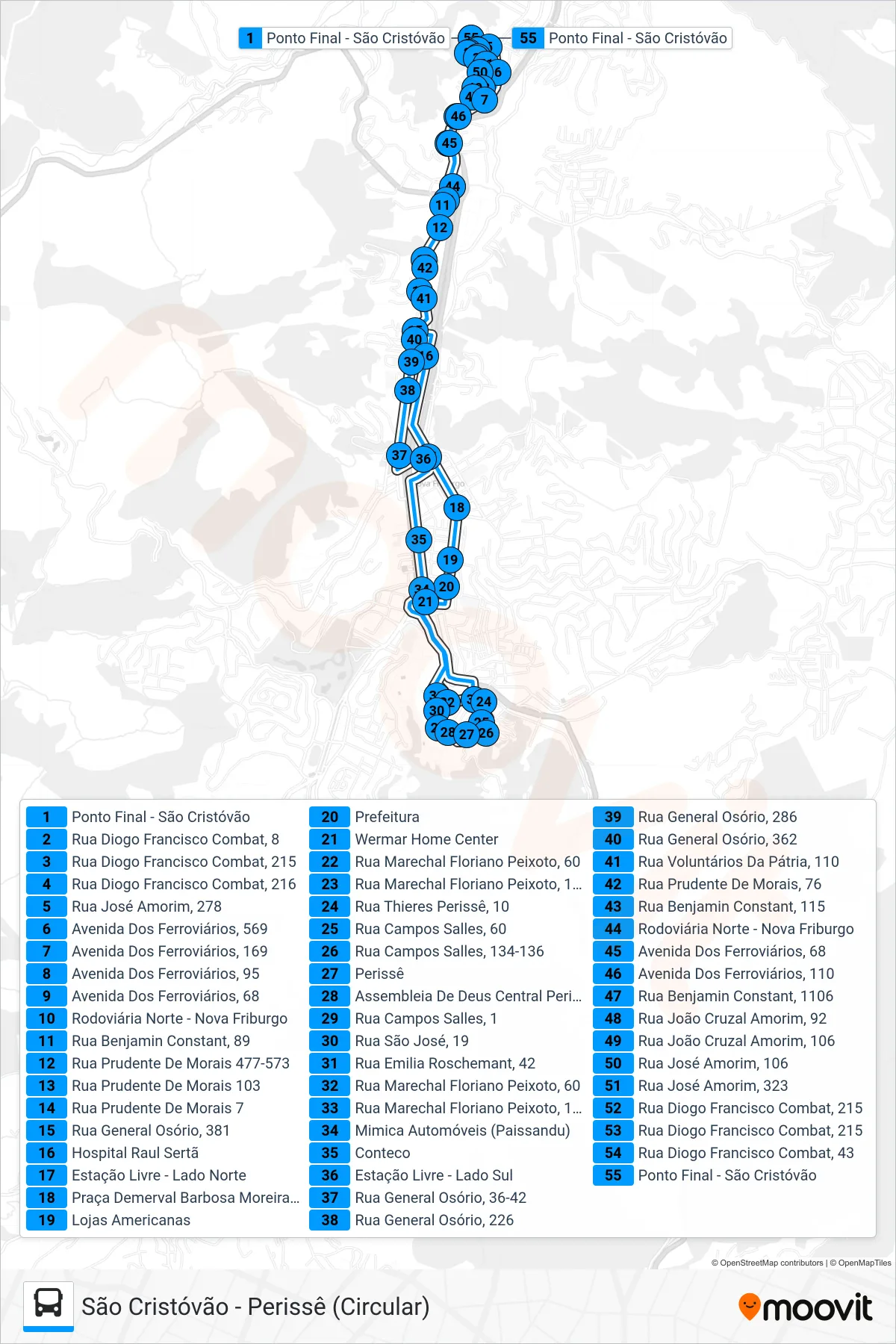 08 bus Line (São Cristóvão - Perissê (Circular)) route and stops on a map