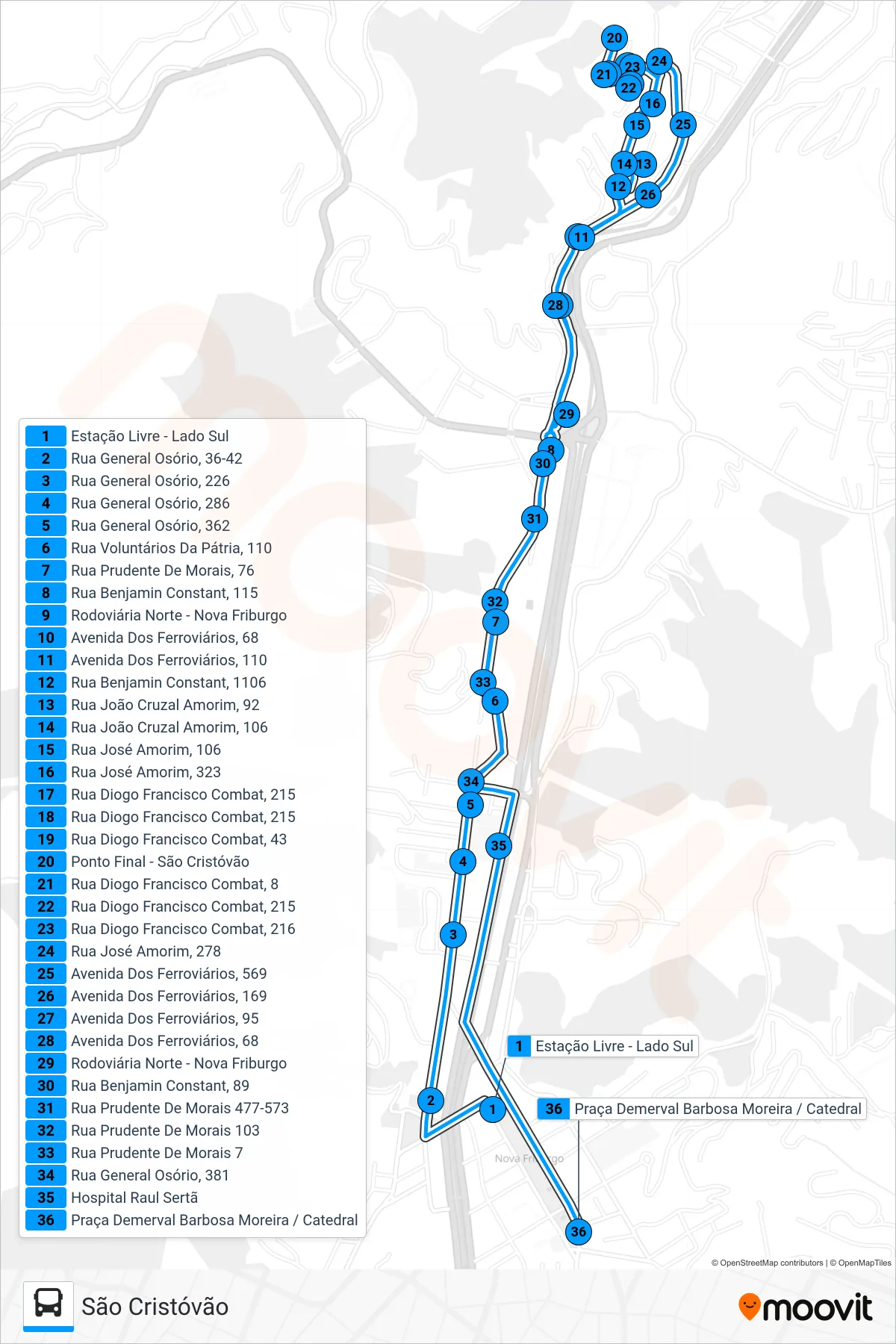 Rota e paradas da linha de ônibus 08 (São Cristóvão) no mapa