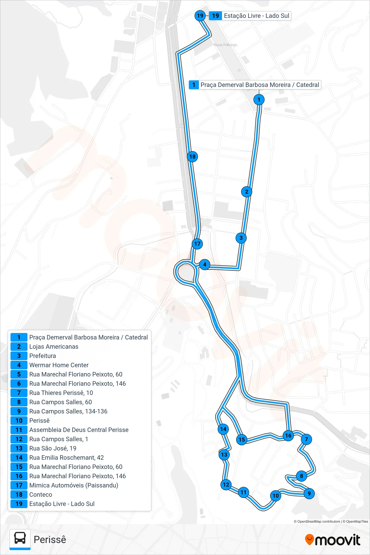 Rota e paradas da linha de ônibus 08 (Perissê) no mapa