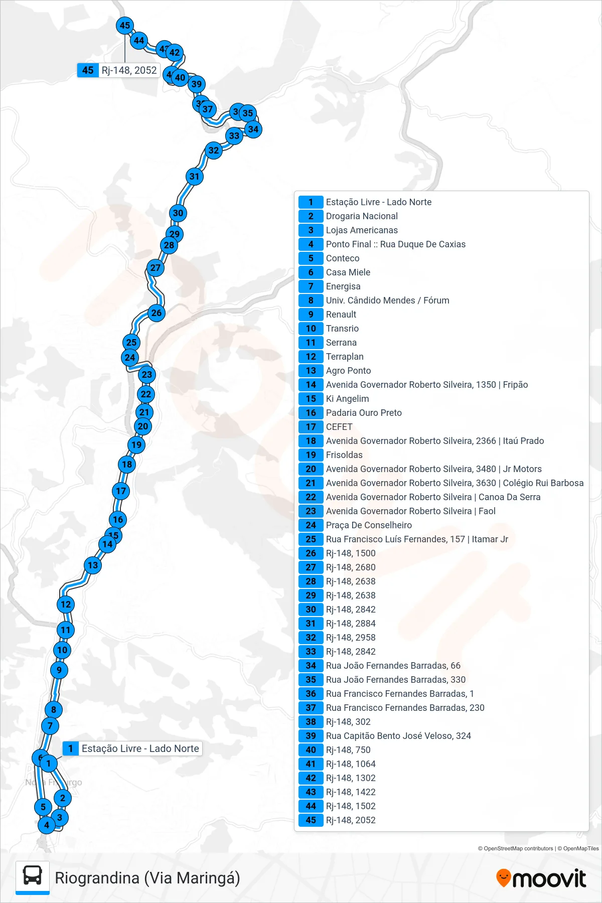 Rota e paradas da linha de ônibus 20-A (Riograndina (Via Maringá)) no mapa