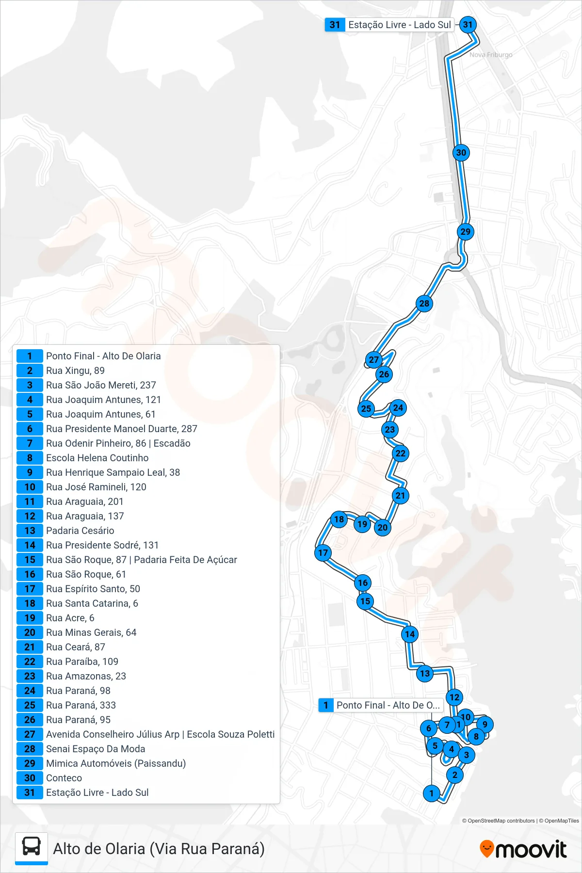 Rota e paradas da linha de ônibus 42-B (Centro (Estação Livre)) no mapa