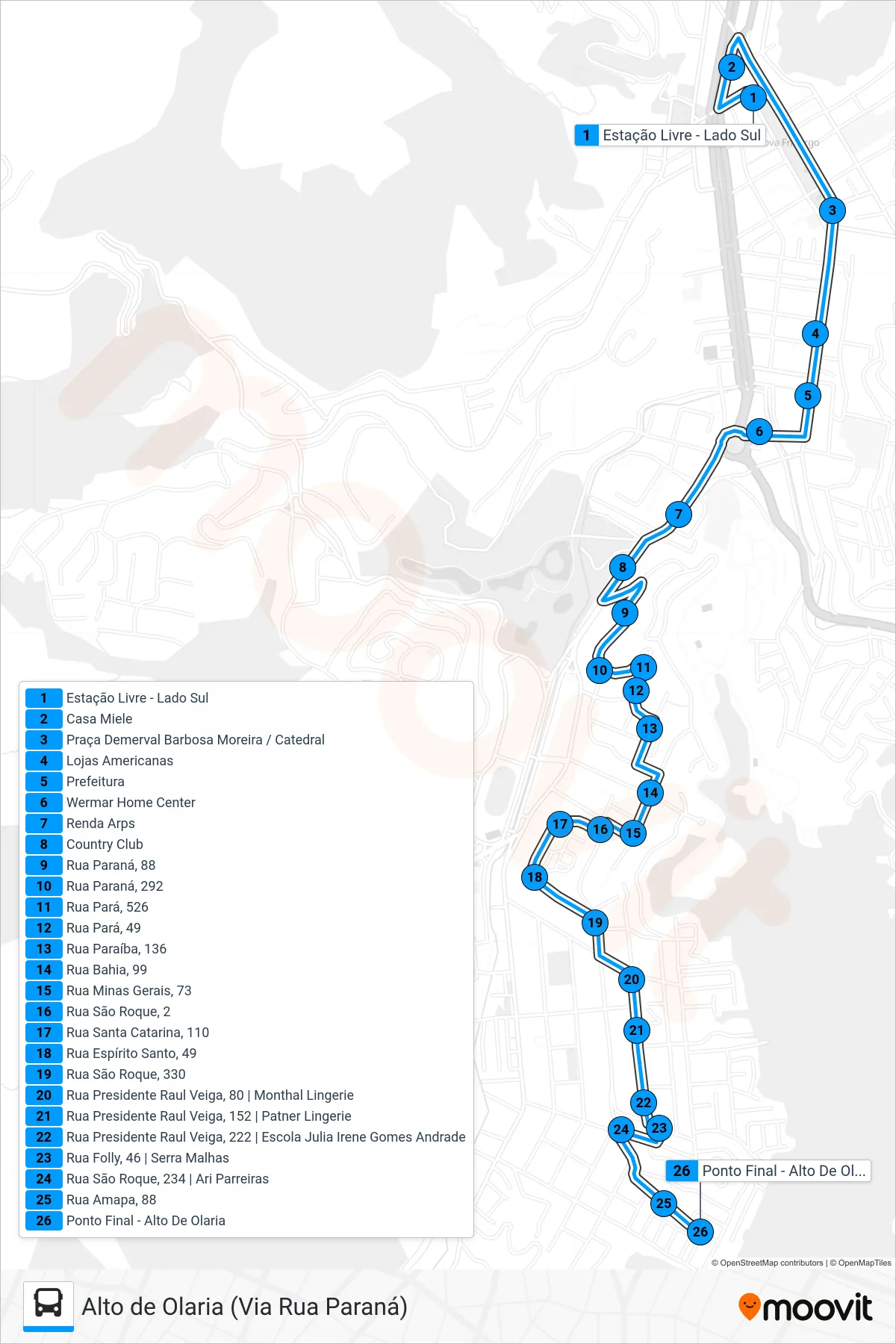 Rota e paradas da linha de ônibus 42-B (Alto De Olaria) no mapa