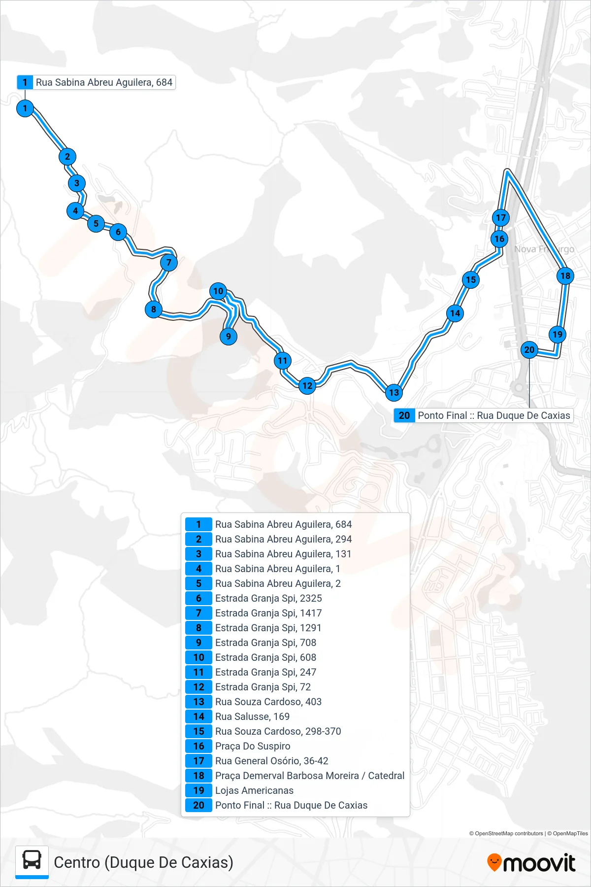 Rota e paradas da linha de ônibus  07  (Centro (Duque De Caxias)) no mapa