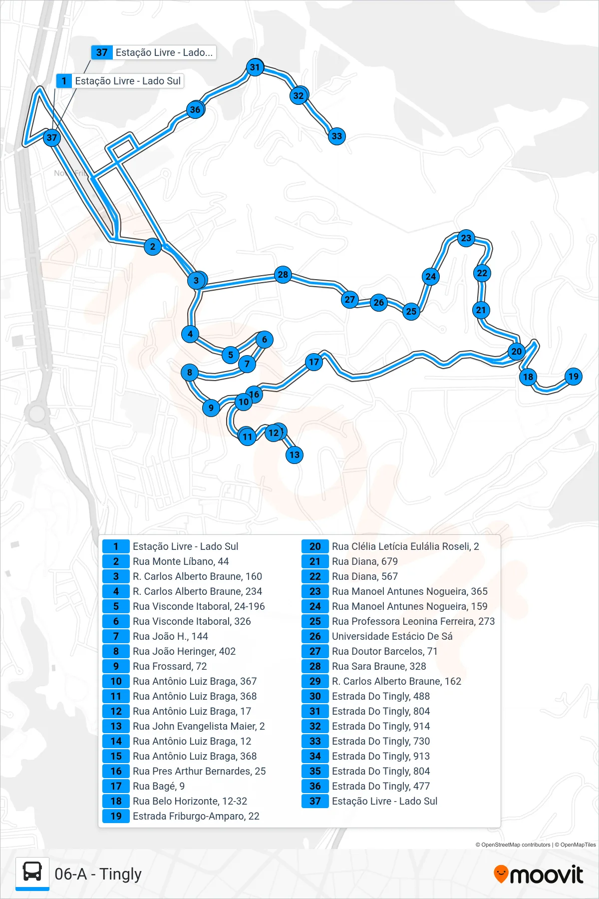 06 bus Line (06-A - Tingly) route and stops on a map