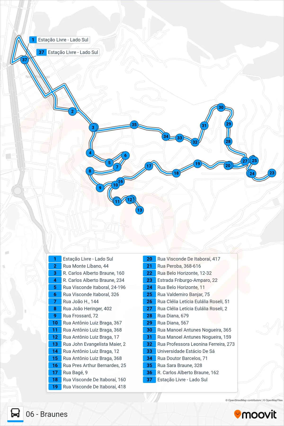 Rota e paradas da linha de ônibus  06  (06 - Braunes) no mapa