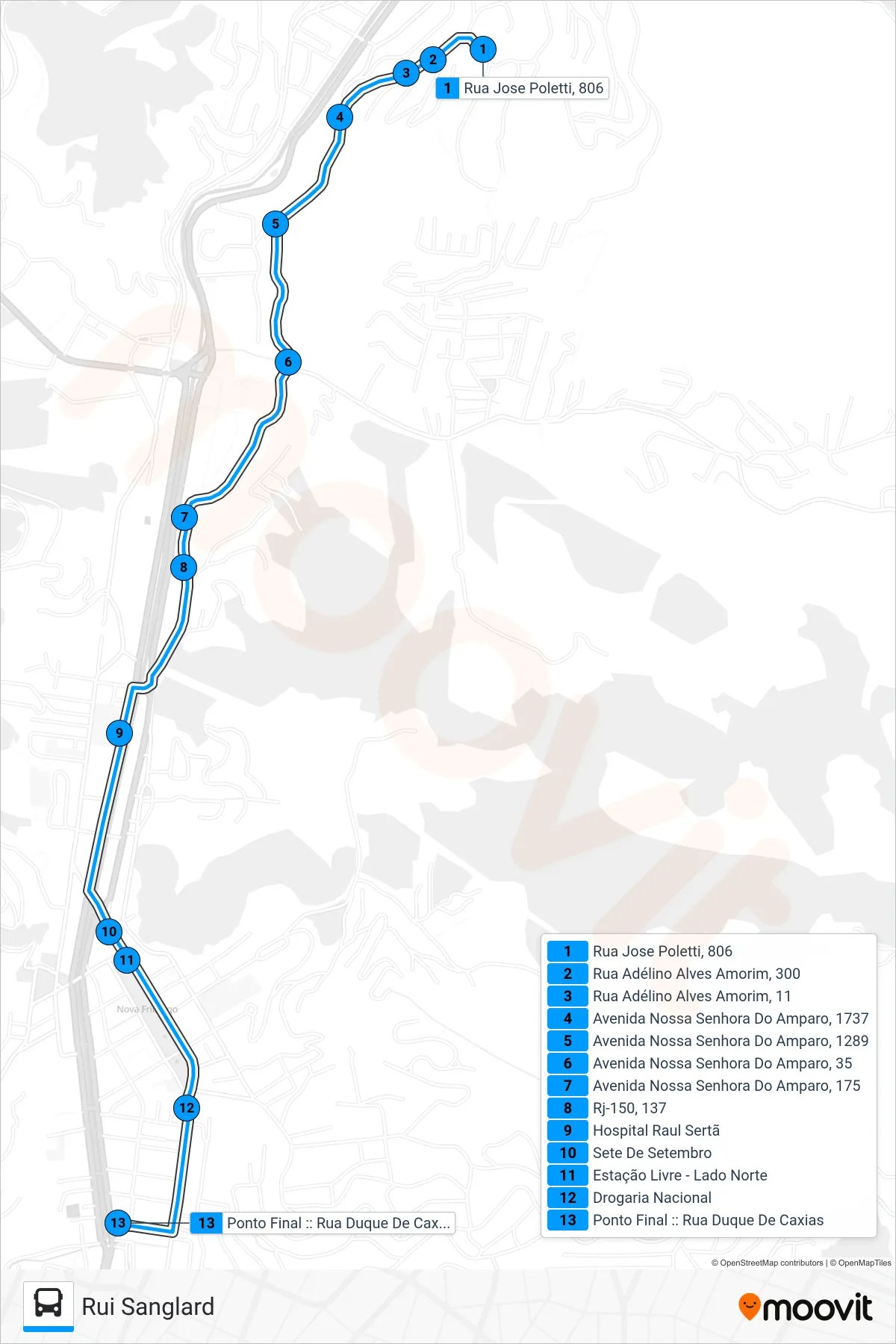 Rota e paradas da linha de ônibus 16 (Centro (Duque De Caxias)) no mapa
