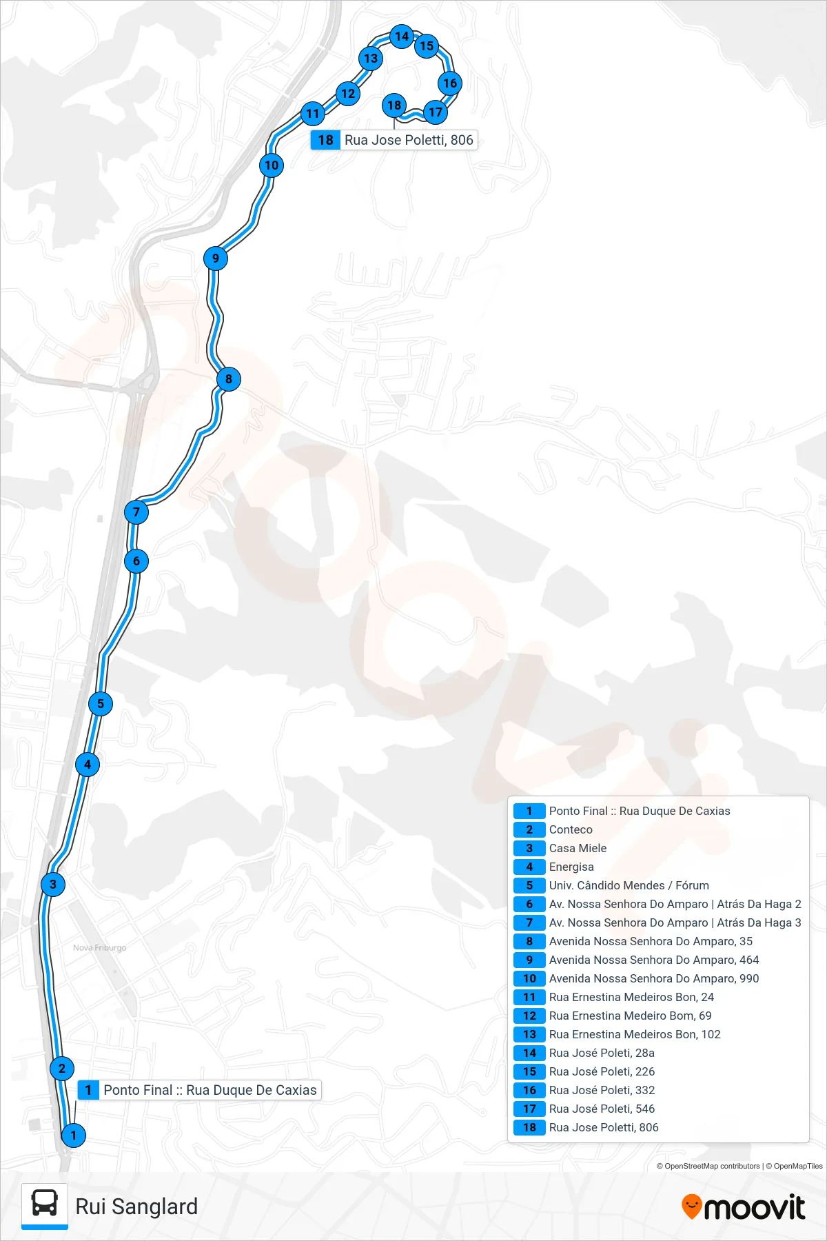 16 bus Line (Rui Sanglard) route and stops on a map