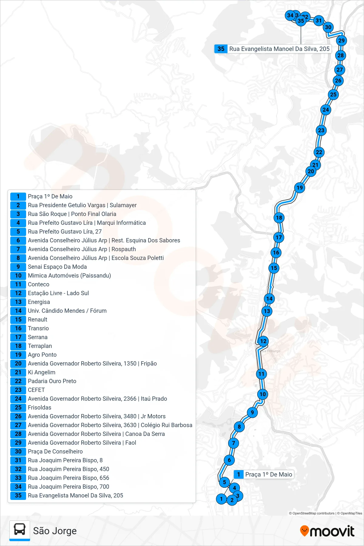 Rota e paradas da linha de ônibus 10-B (São Jorge) no mapa