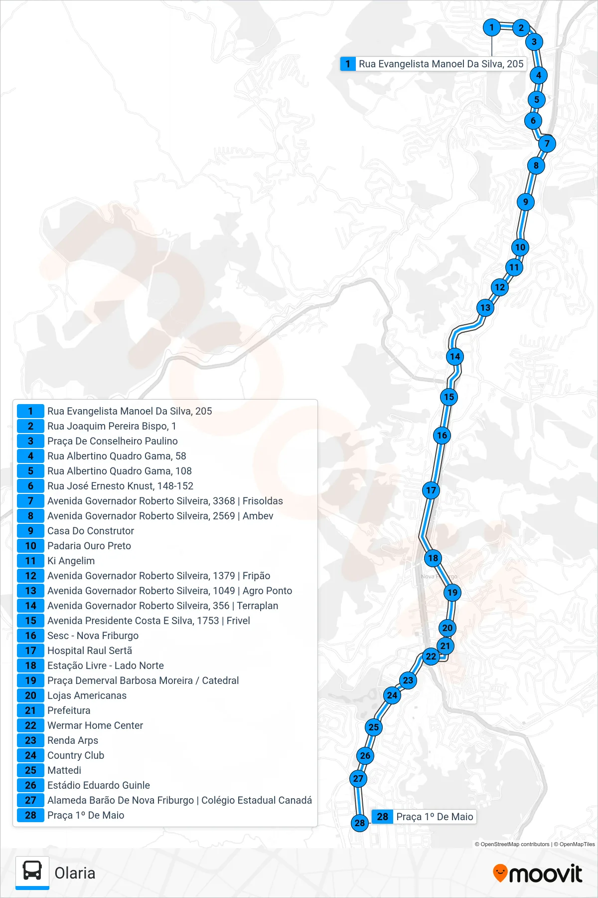 Rota e paradas da linha de ônibus 10-B (Olaria) no mapa