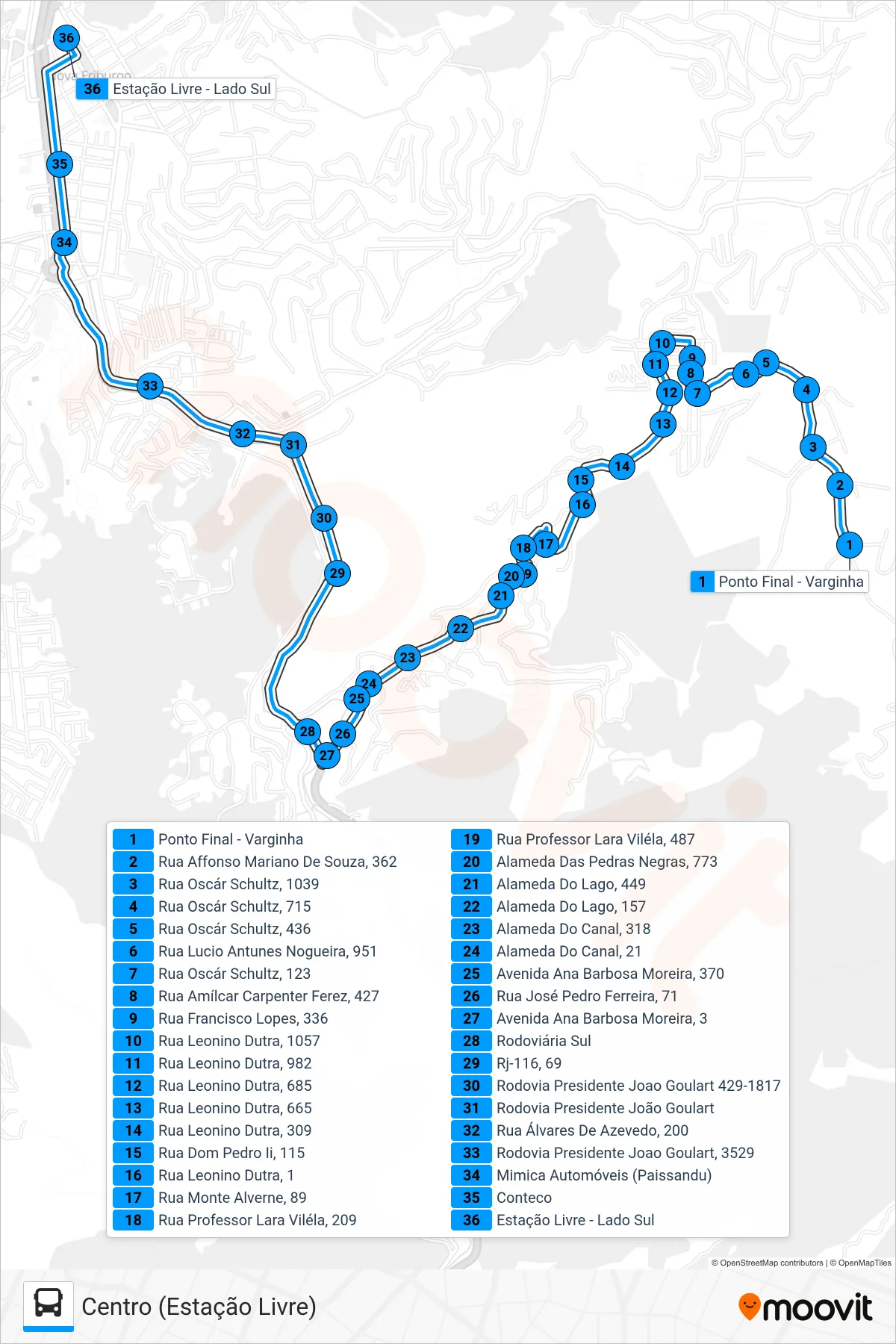 Rota e paradas da linha de ônibus 45 (Centro (Estação Livre)) no mapa