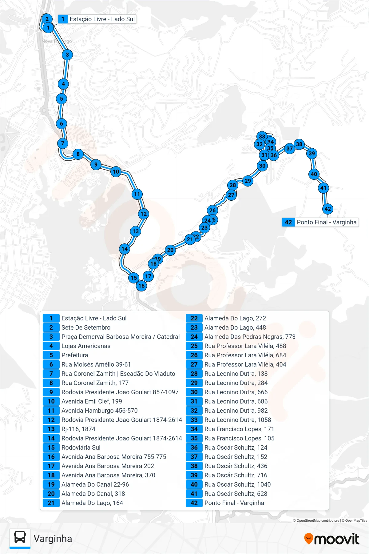 Rota e paradas da linha de ônibus 45 (Varginha) no mapa