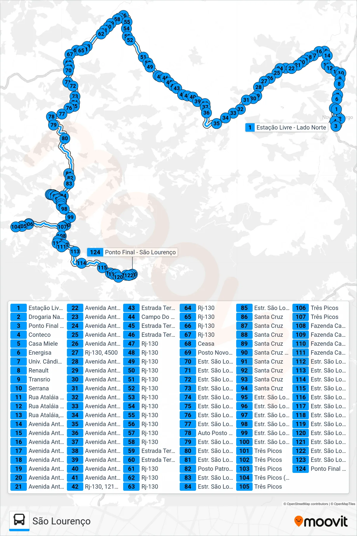 Rota e paradas da linha de ônibus 55 (São Lourenço) no mapa
