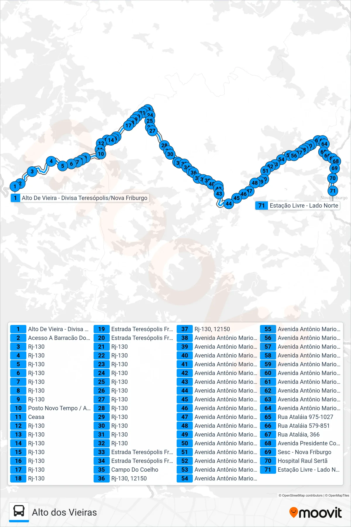Rota e paradas da linha de ônibus 53-A (Centro (Estação Livre)) no mapa