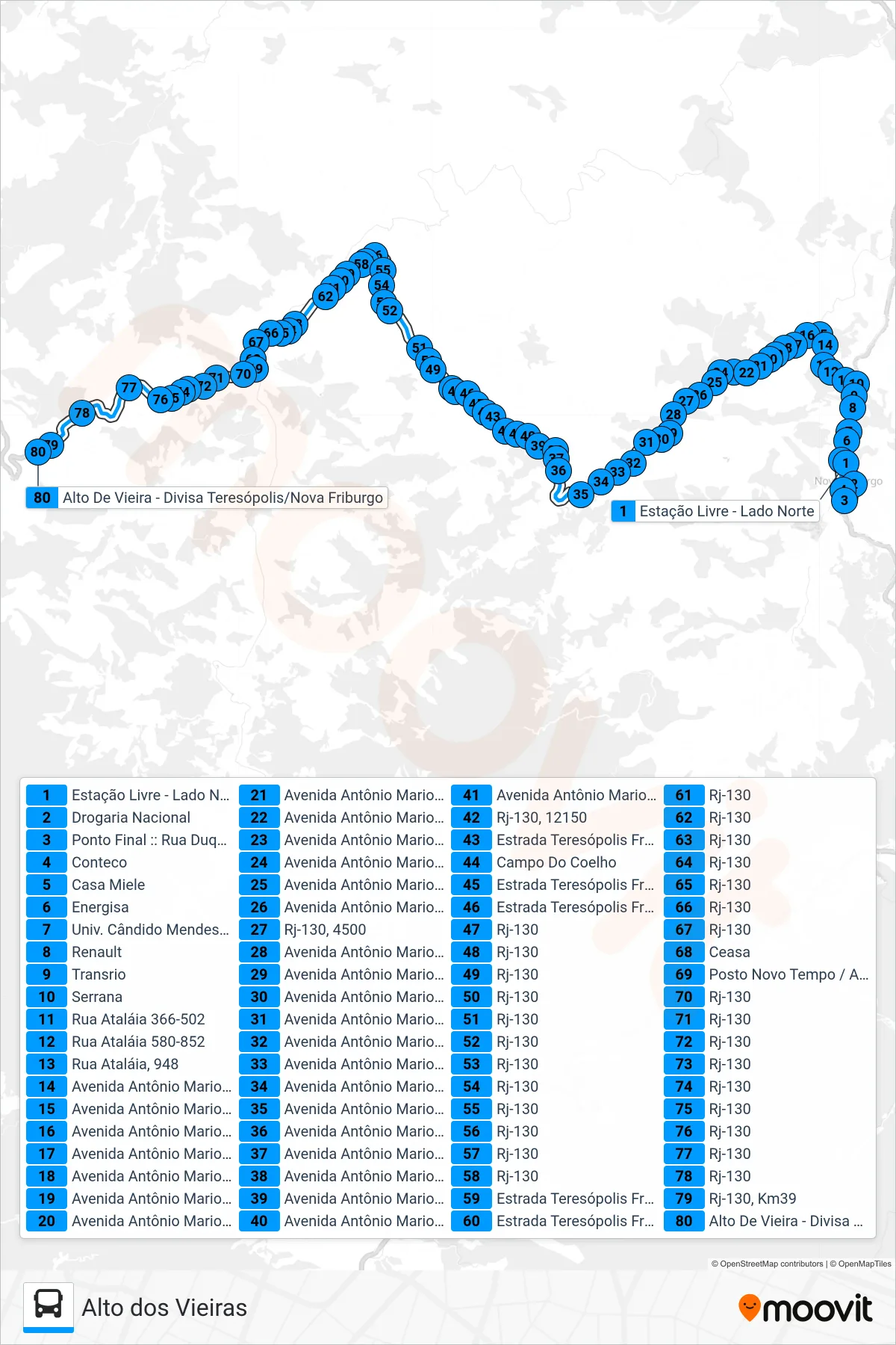 Rota e paradas da linha de ônibus 53-A (Alto dos Vieiras) no mapa