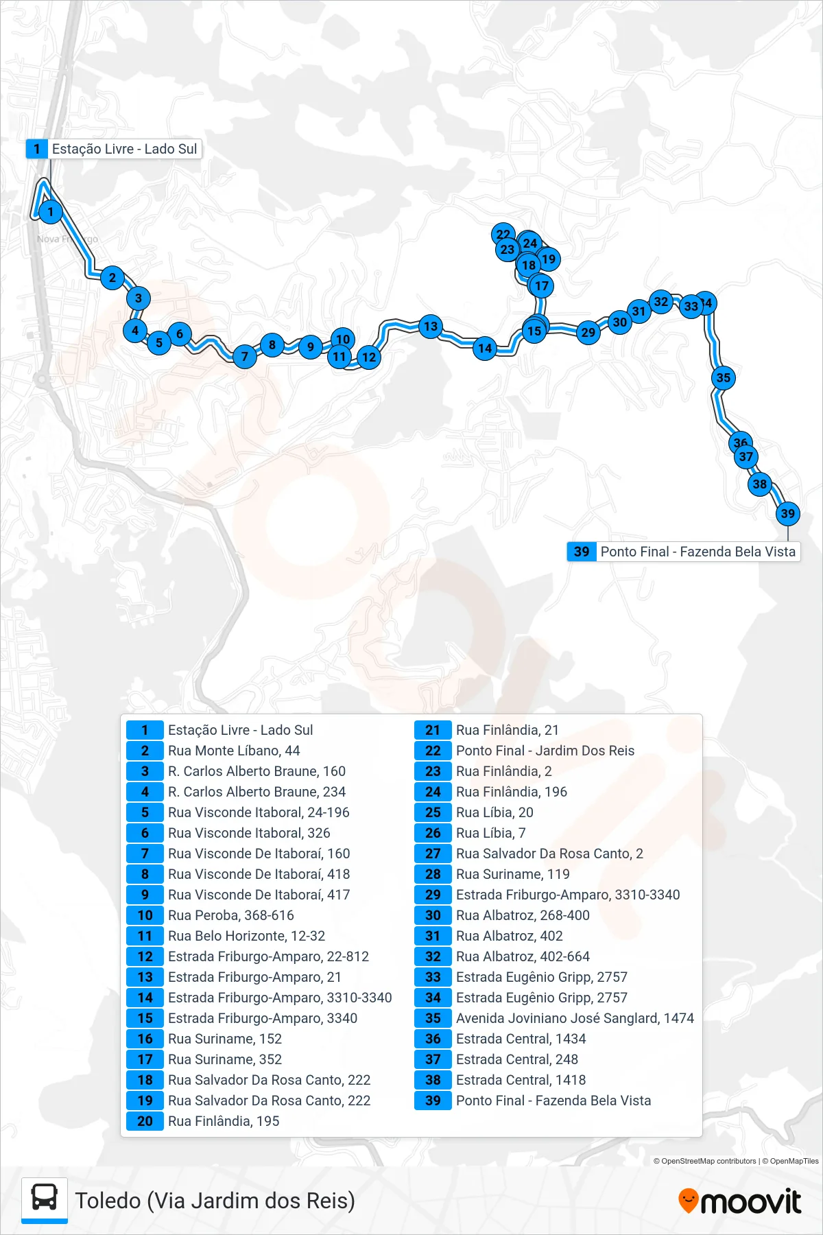 Rota e paradas da linha de ônibus 34-B (Toledo (Via Jardim Dos Reis)) no mapa