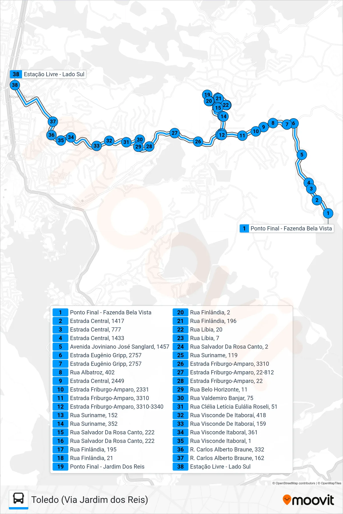 Rota e paradas da linha de ônibus 34-B (Centro (Via Jardim Dos Reis)) no mapa