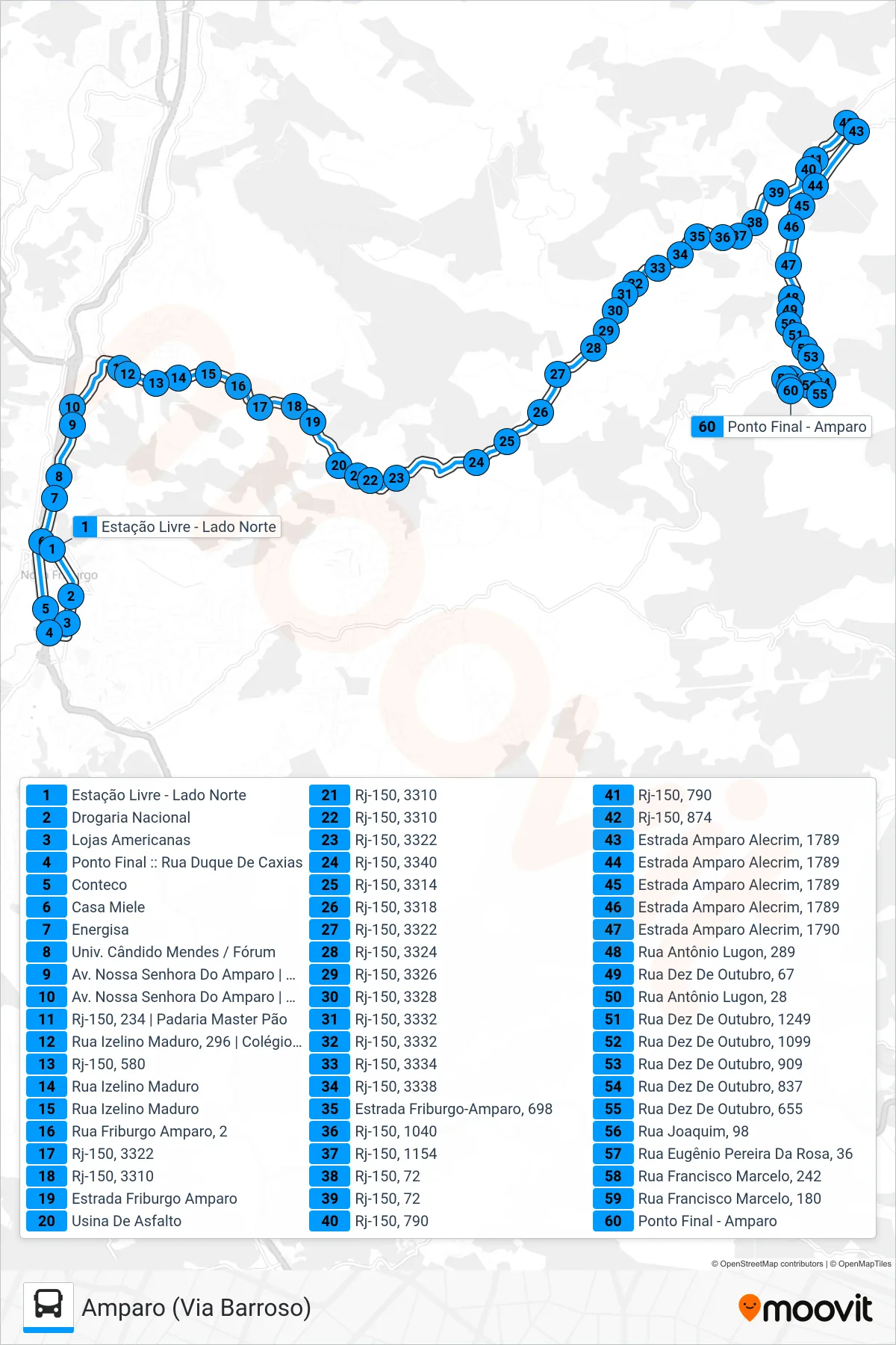 Rota e paradas da linha de ônibus 30-A (Amparo (Via Barroso)) no mapa