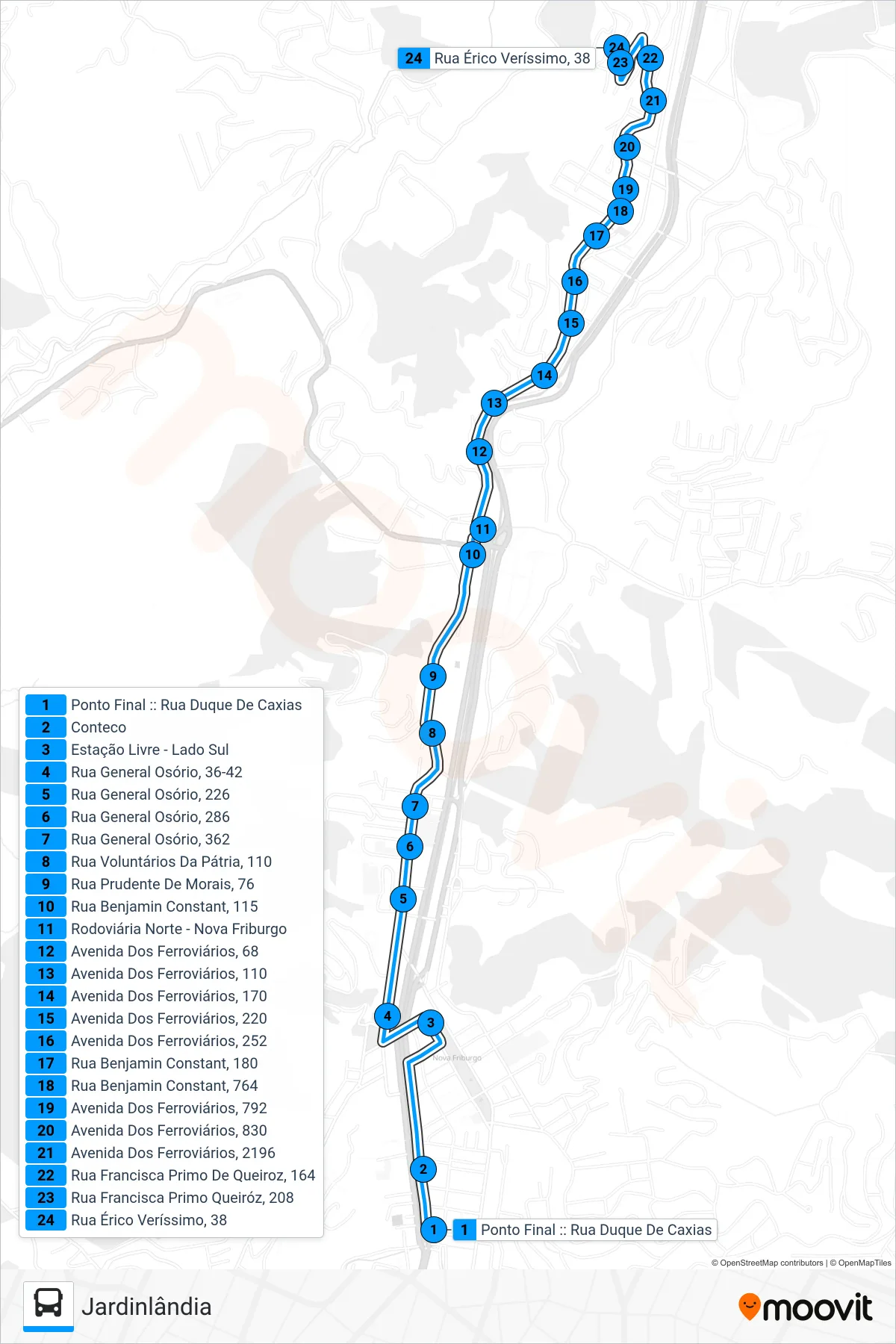Rota e paradas da linha de ônibus 17 (Jardinlândia) no mapa