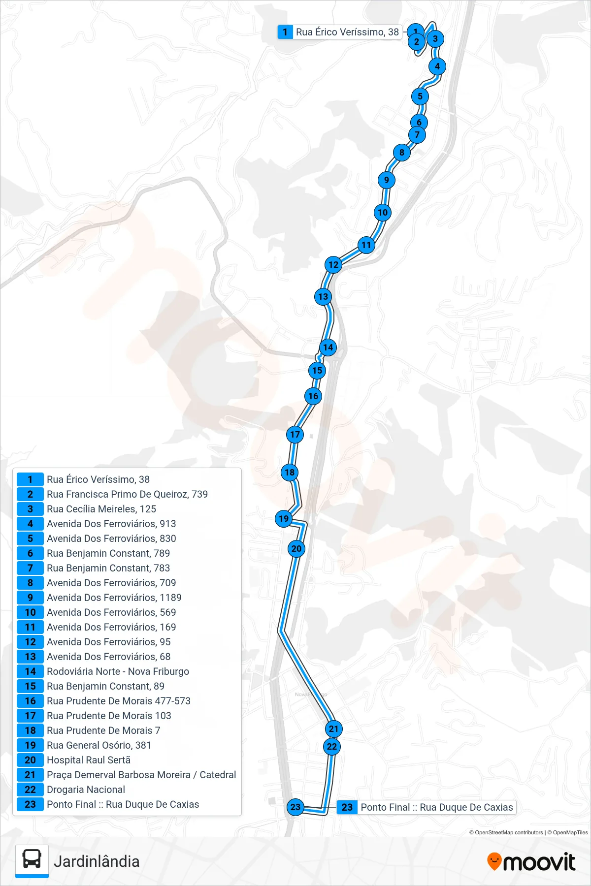 Rota e paradas da linha de ônibus  17  (Centro (Duque De Caxias)) no mapa