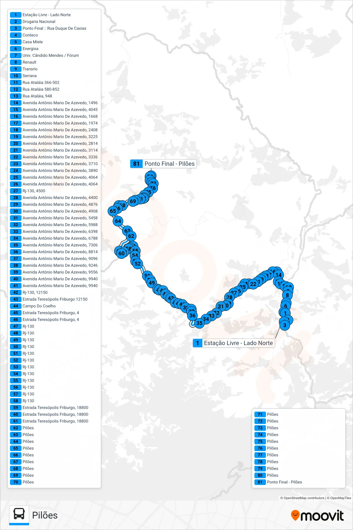 Rota e paradas da linha de ônibus  54  (Pilões) no mapa