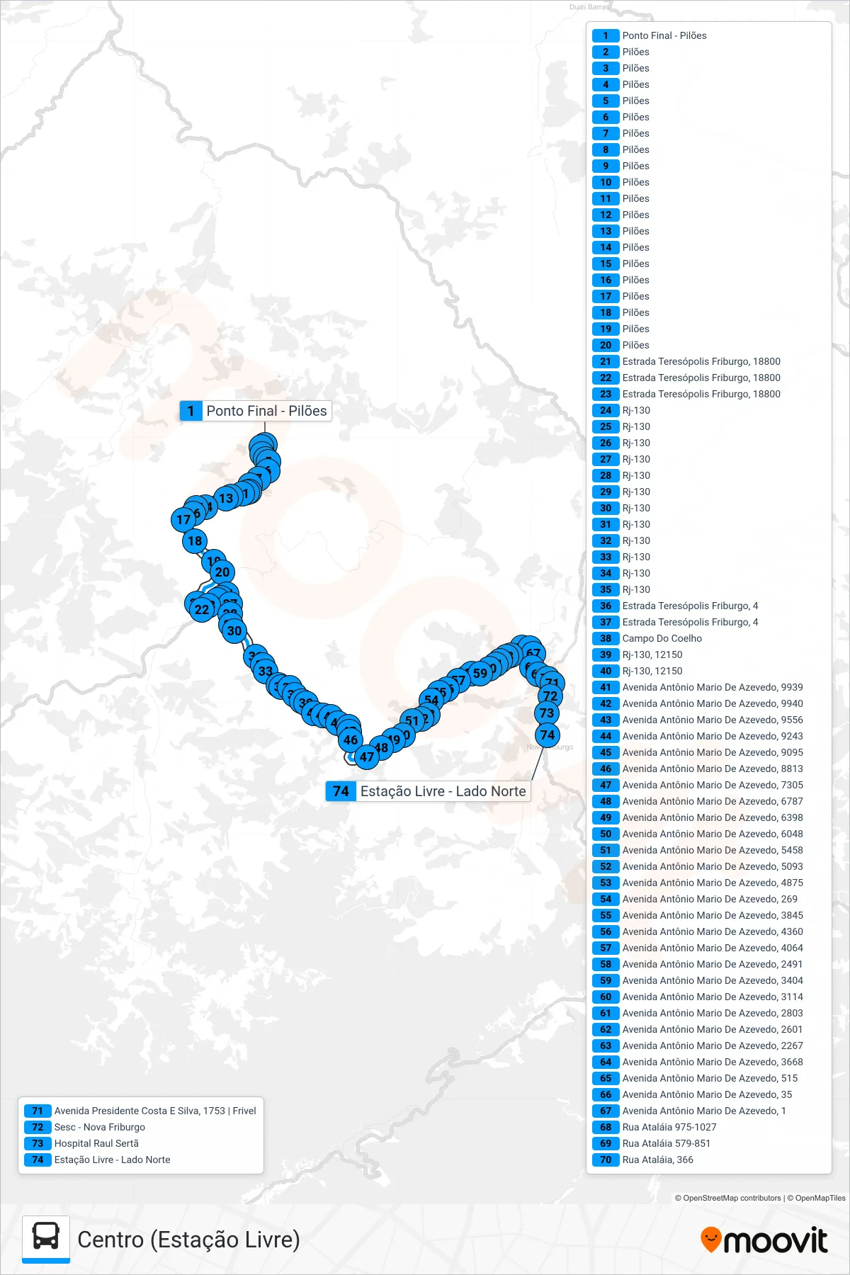 Rota e paradas da linha de ônibus 54 (Centro (Estação Livre)) no mapa