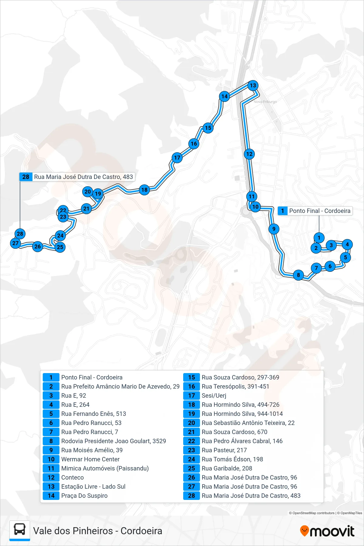 Rota e paradas da linha de ônibus  04  (Vale Dos Pinheiros) no mapa