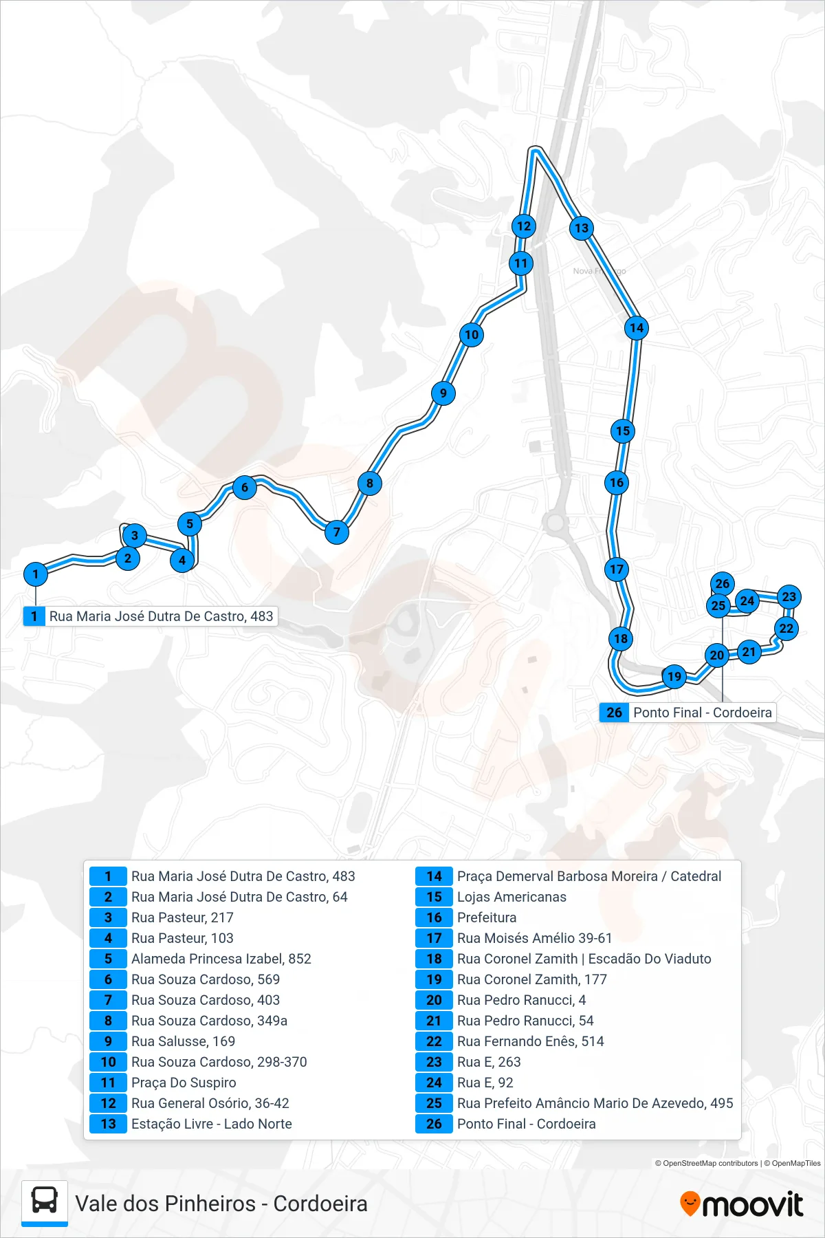 Rota e paradas da linha de ônibus 04 (Cordoeira) no mapa