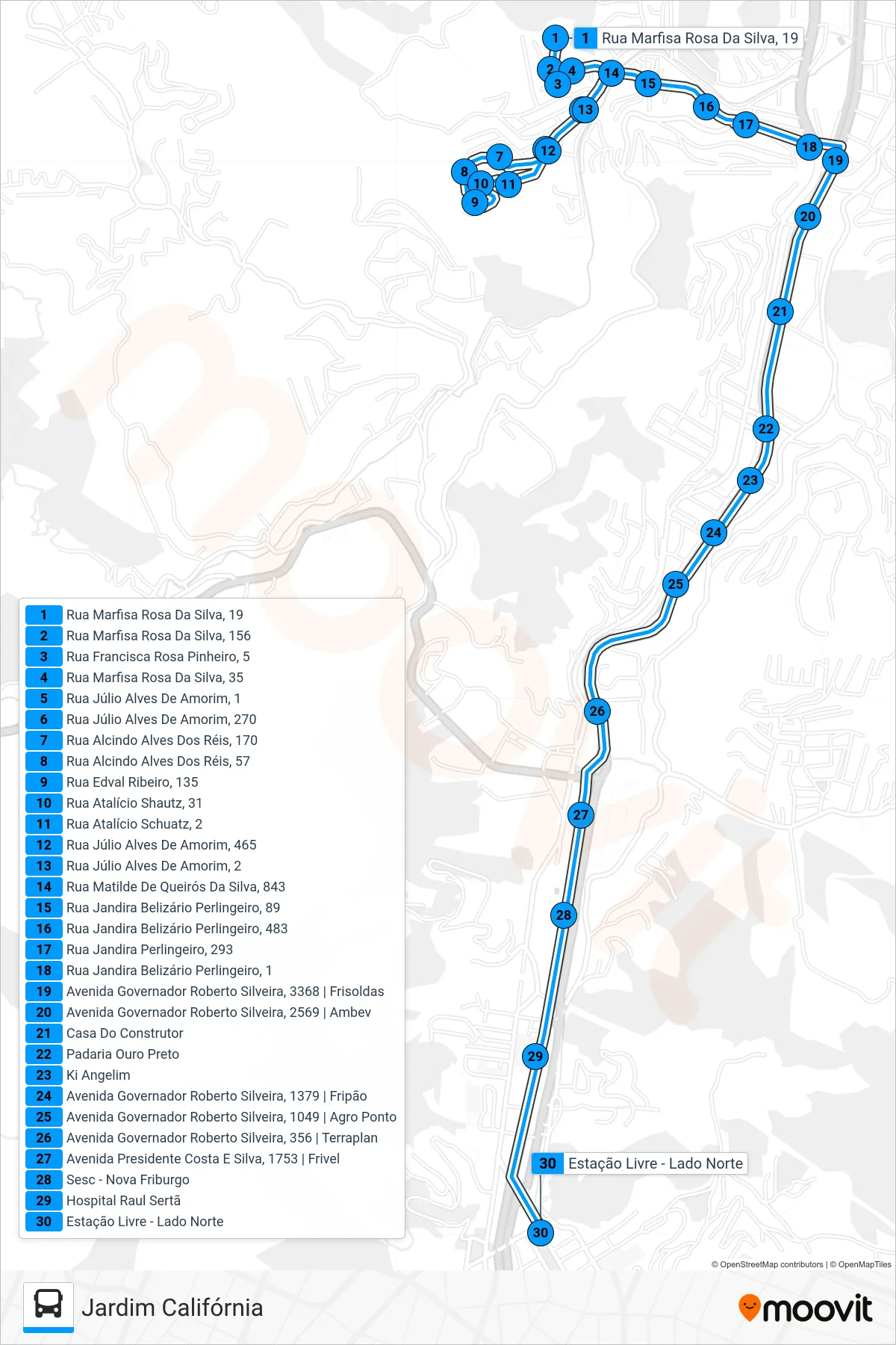 Rota e paradas da linha de ônibus 24 (Centro) no mapa