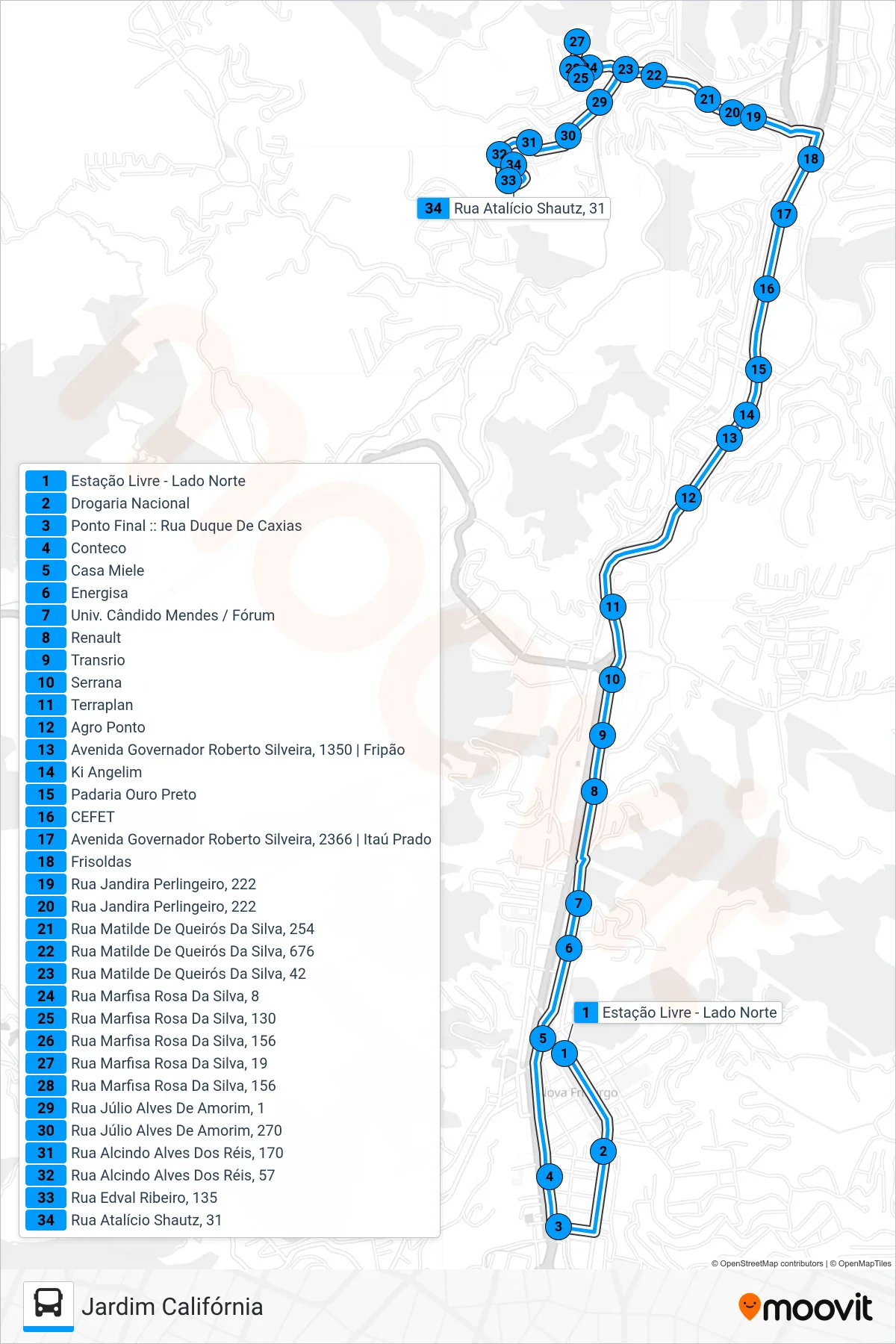 Rota e paradas da linha de ônibus 24 (Jardim Califórnia) no mapa