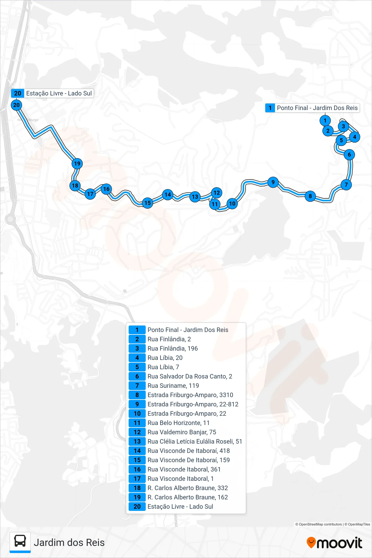 Rota e paradas da linha de ônibus 35 (Centro (Estação Livre)) no mapa