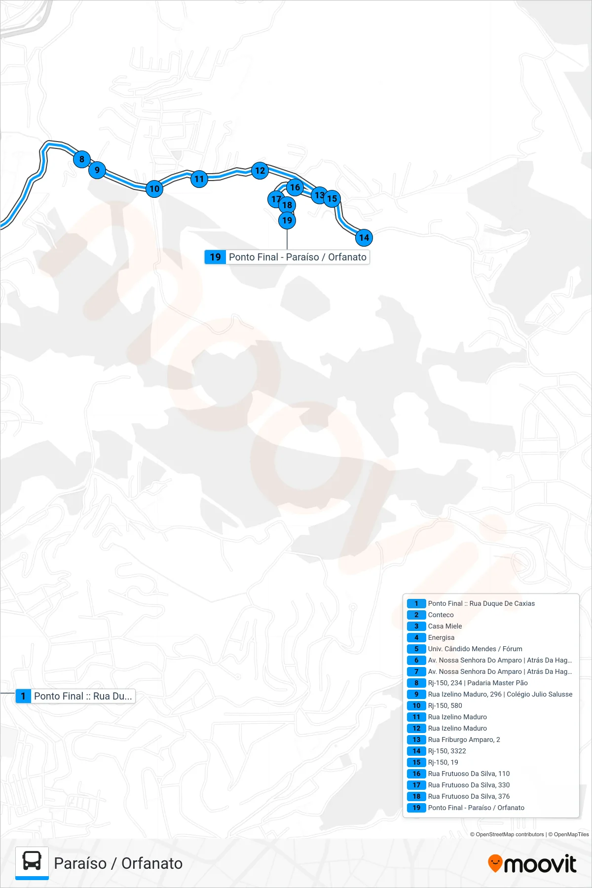 Rota e paradas da linha de ônibus 31-A (Paraíso / Orfanato) no mapa