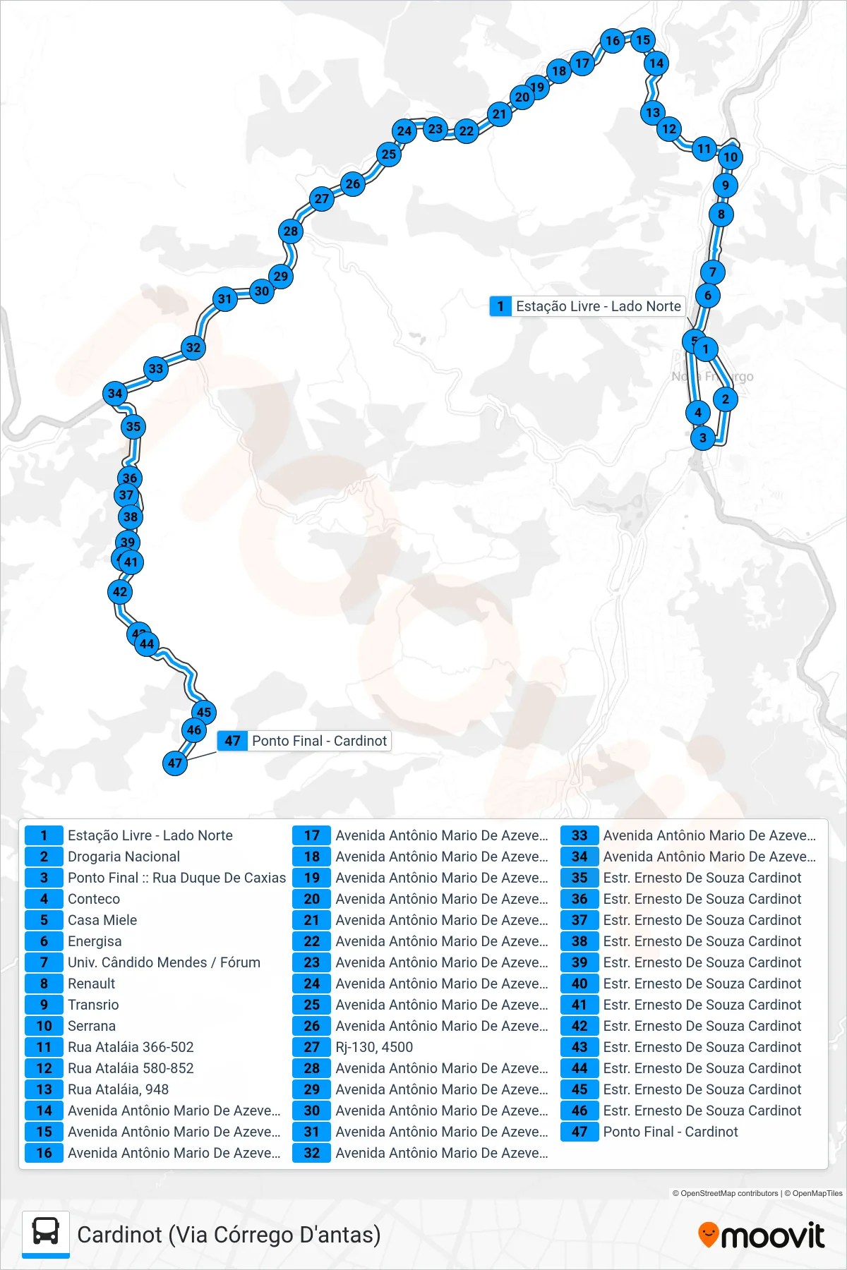 Rota e paradas da linha de ônibus  51  (Cardinot) no mapa