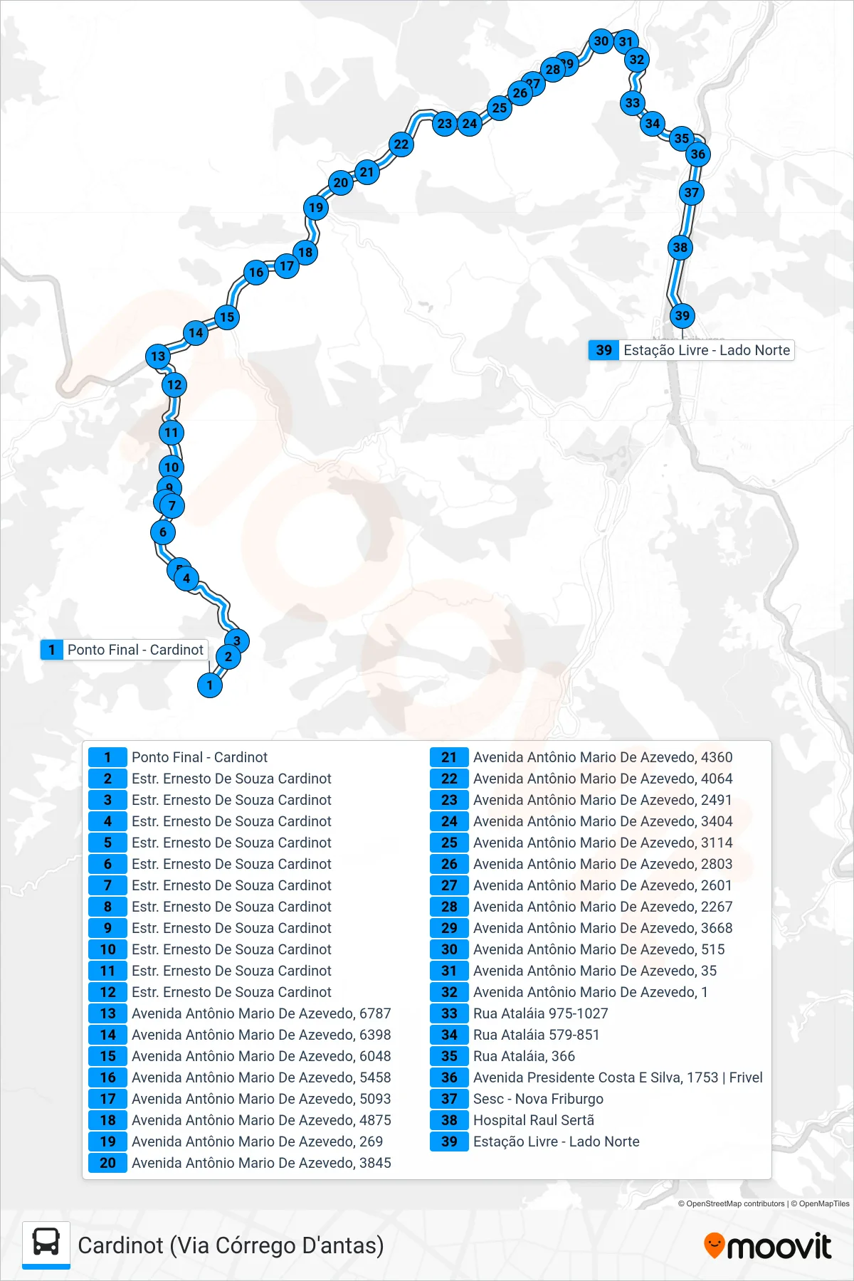 Rota e paradas da linha de ônibus 51 (Centro (Estação Livre)) no mapa