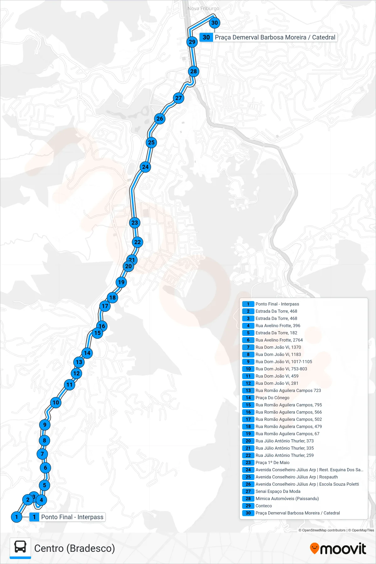 Rota e paradas da linha de ônibus  44  (Centro (Bradesco)) no mapa