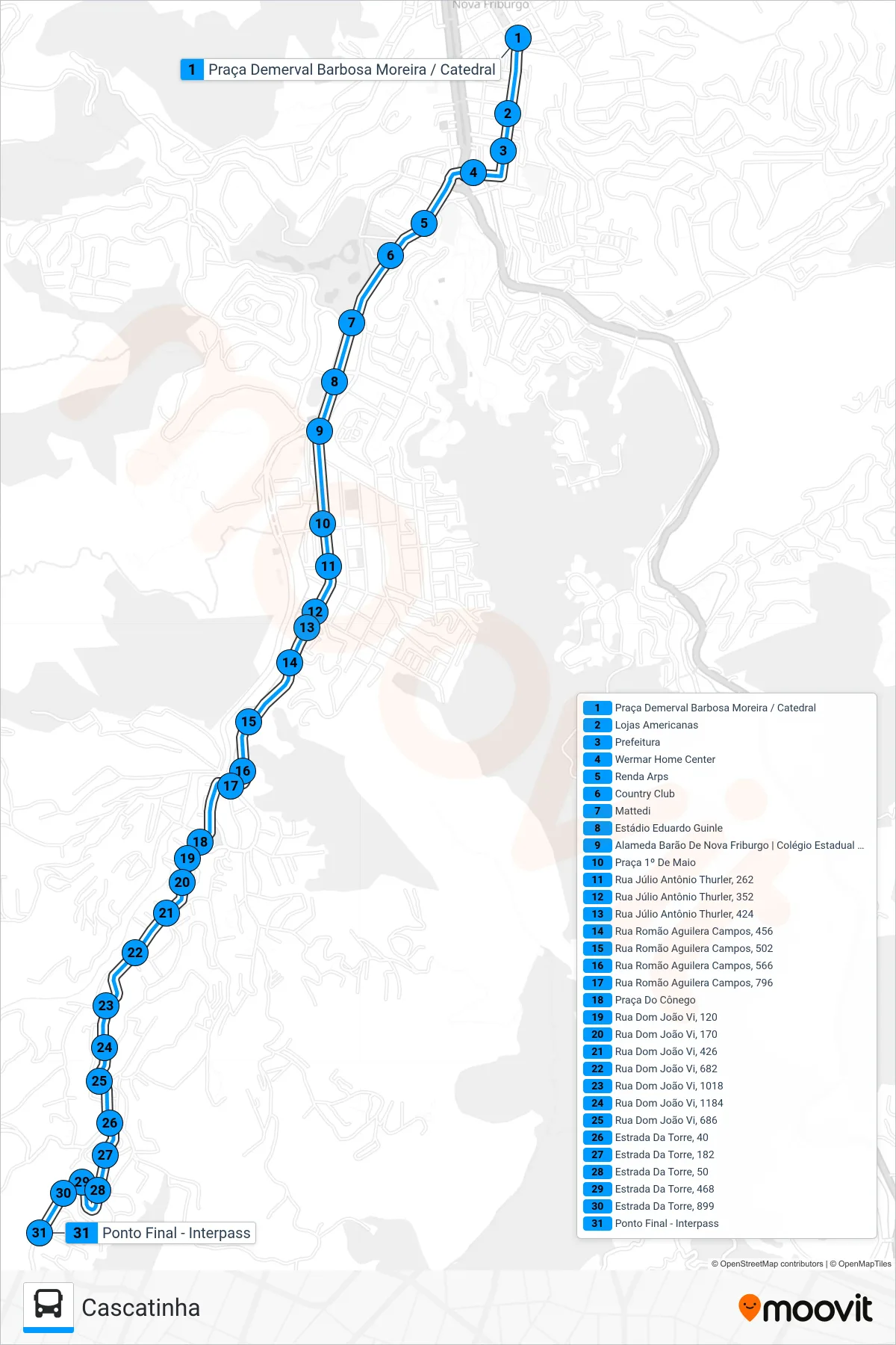 Rota e paradas da linha de ônibus 44 (Cascatinha) no mapa