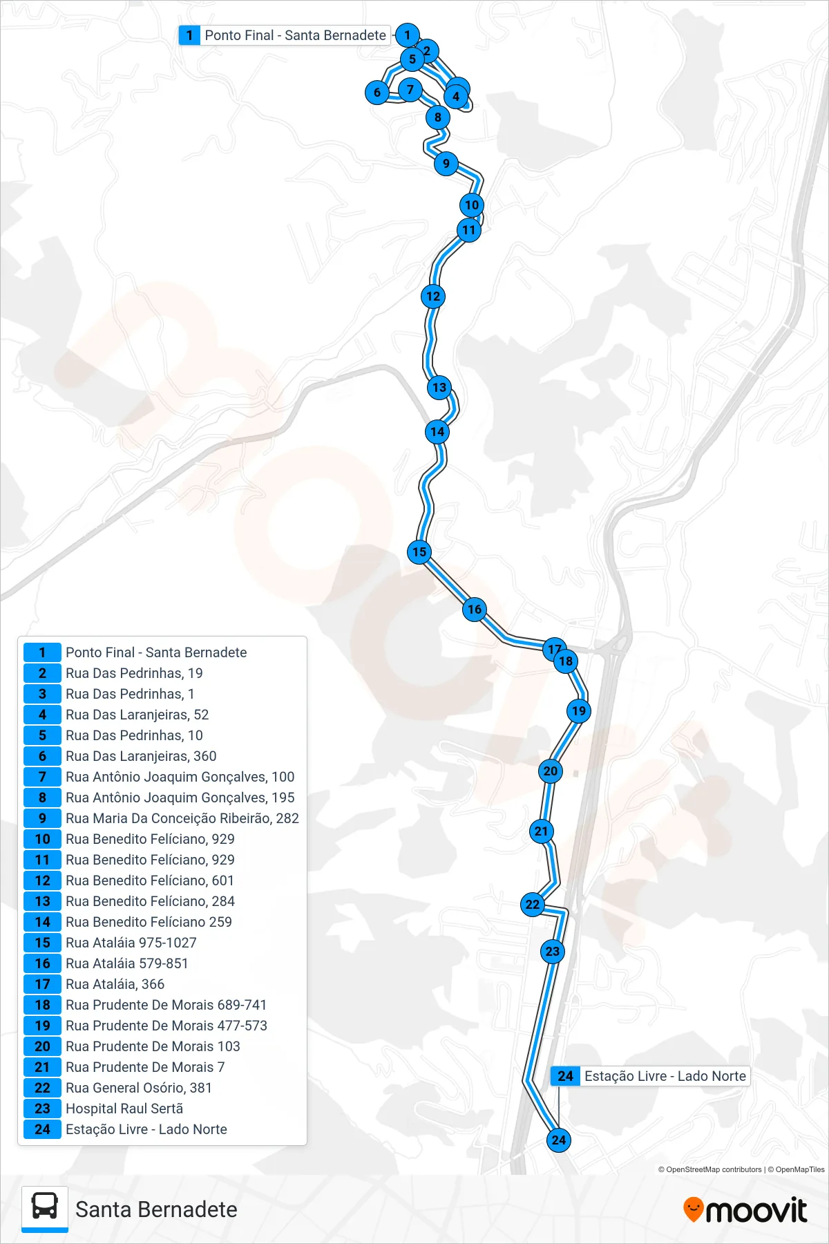 Rota e paradas da linha de ônibus  52  (Centro (Estação Livre)) no mapa