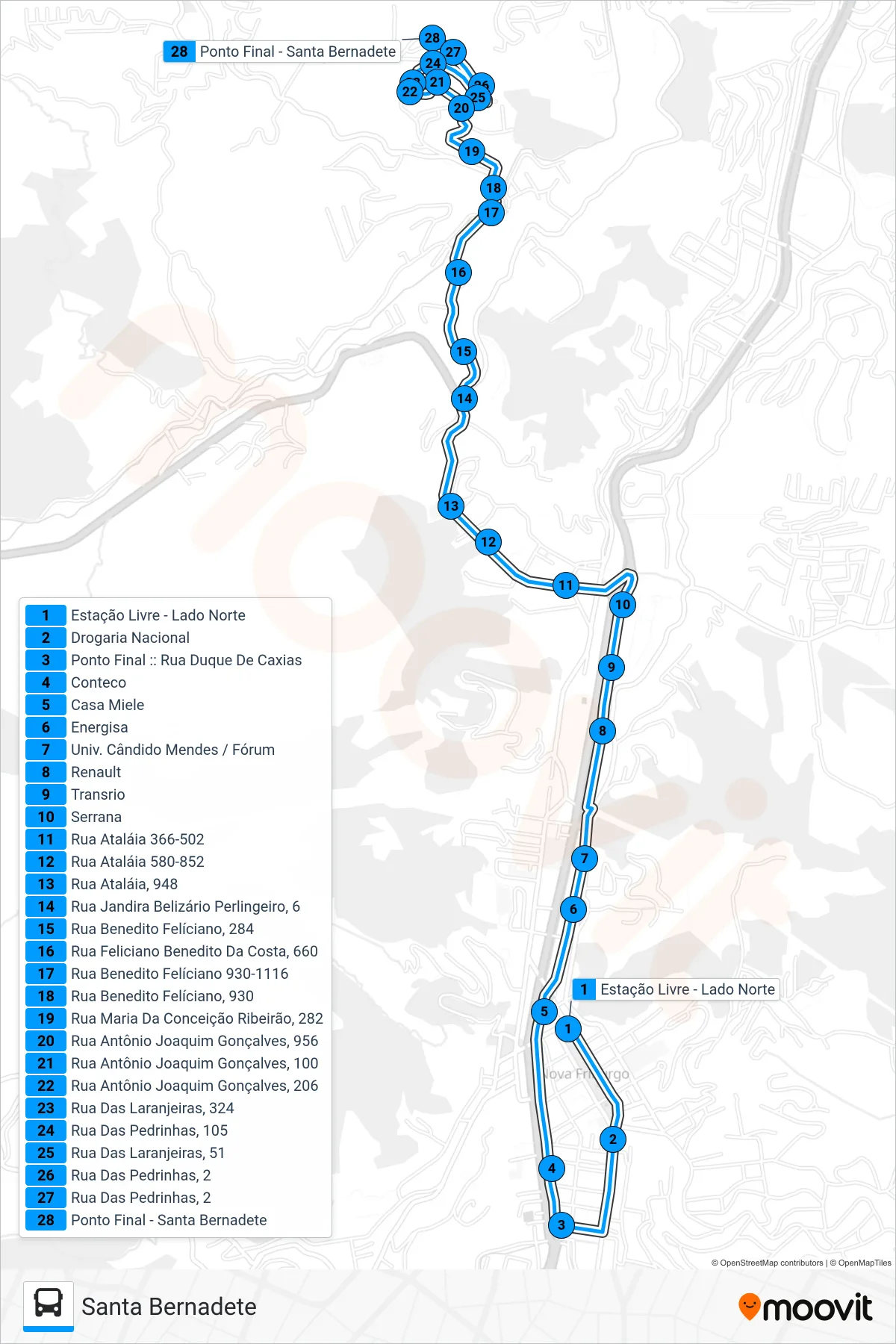 52 bus Line (Santa Bernadete) route and stops on a map