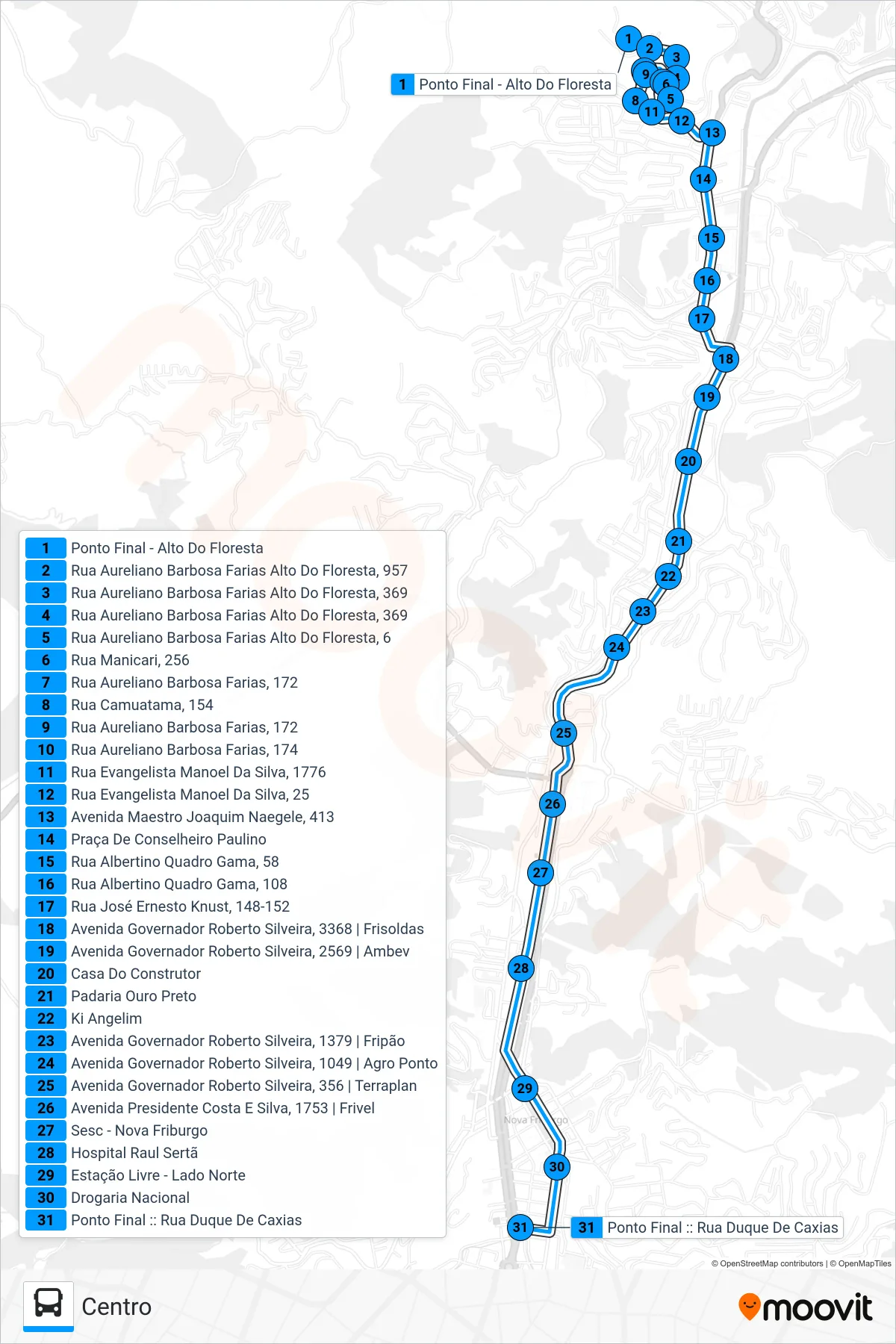 Rota e paradas da linha de ônibus 26 (Centro) no mapa
