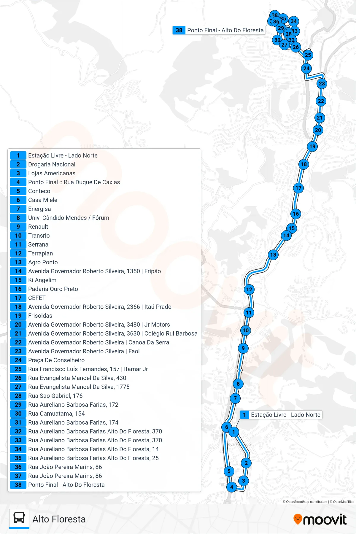 Rota e paradas da linha de ônibus 26 (Alto Floresta) no mapa