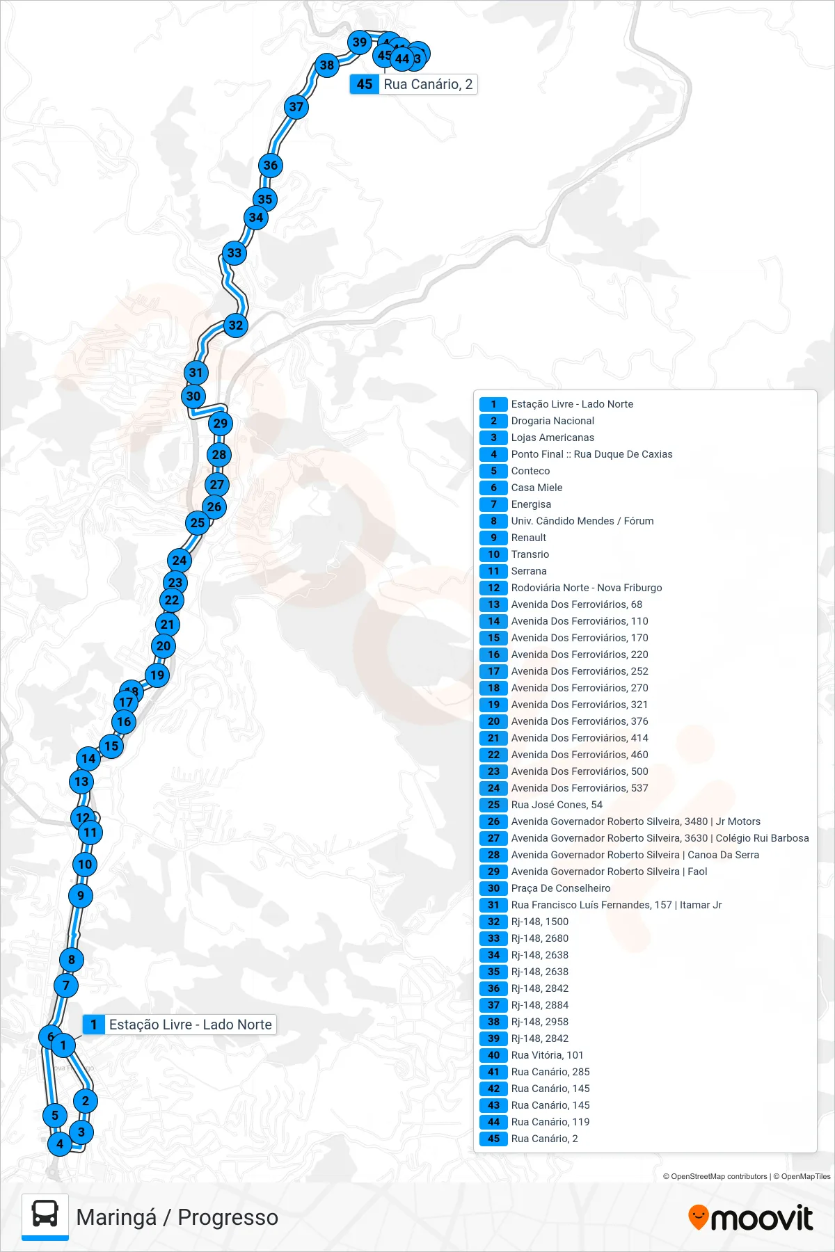 Rota e paradas da linha de ônibus 25 (Maringá / Progresso) no mapa