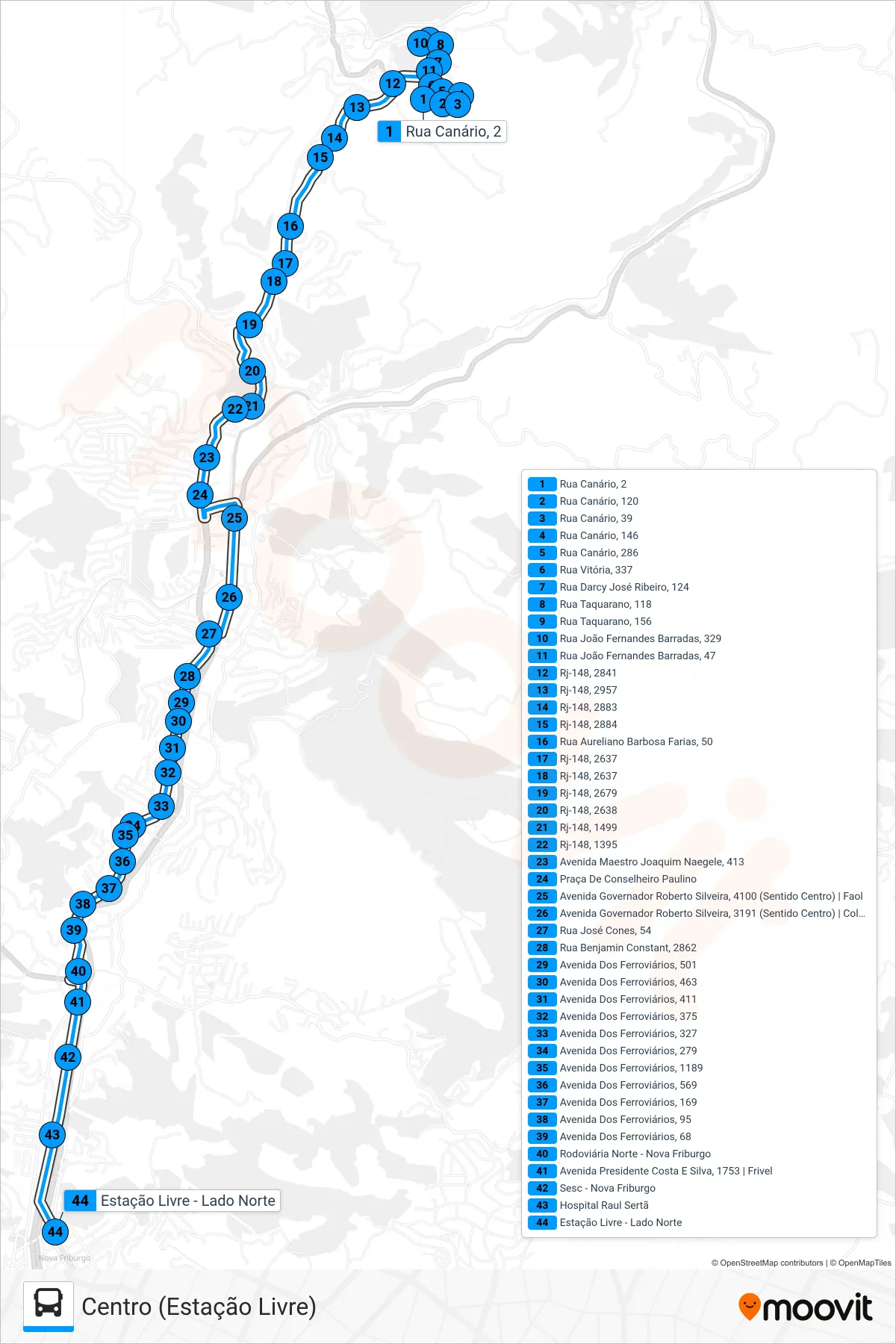 Rota e paradas da linha de ônibus 25 (Centro (Estação Livre)) no mapa