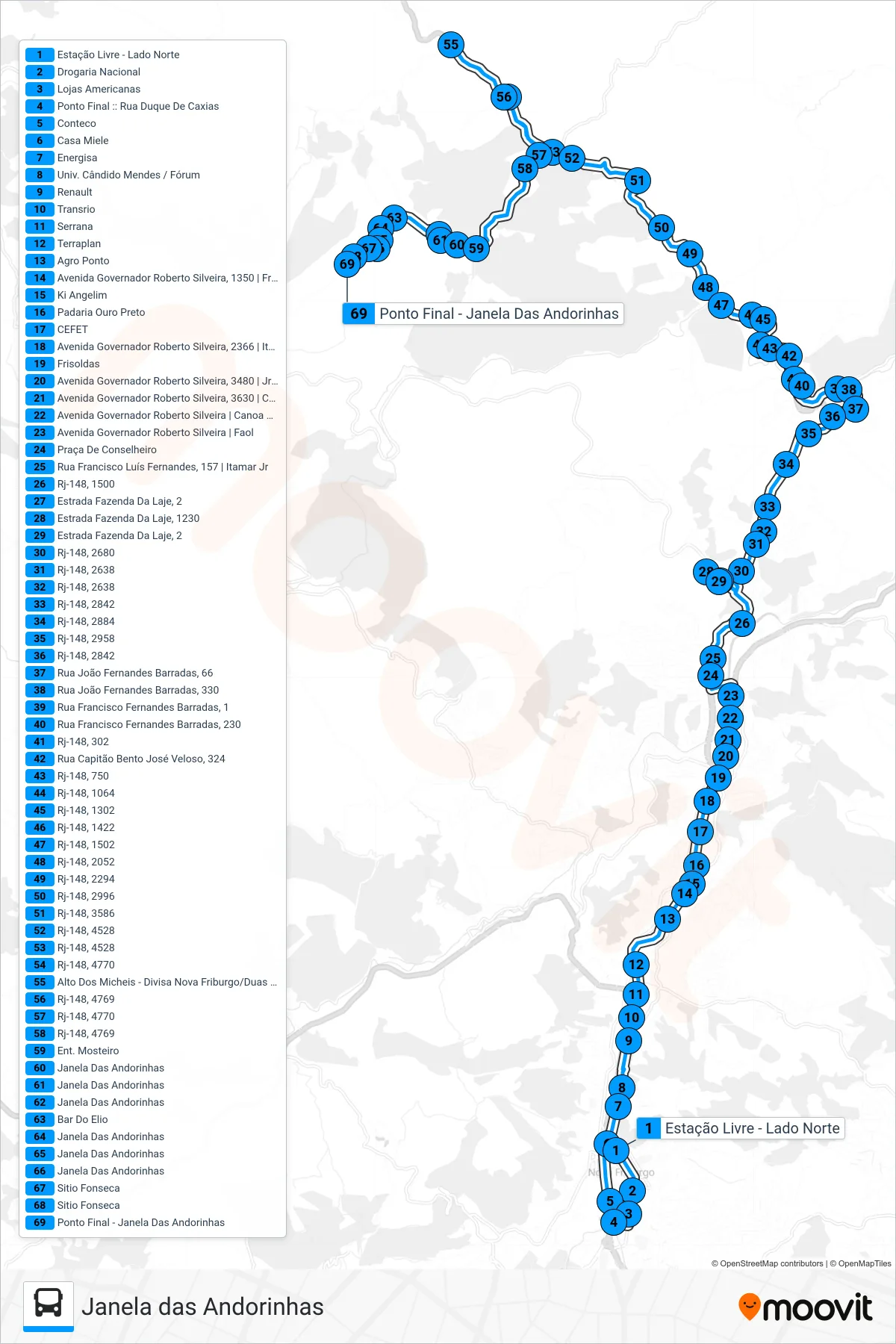 Rota e paradas da linha de ônibus 20-B (Janela Das Andorinhas) no mapa