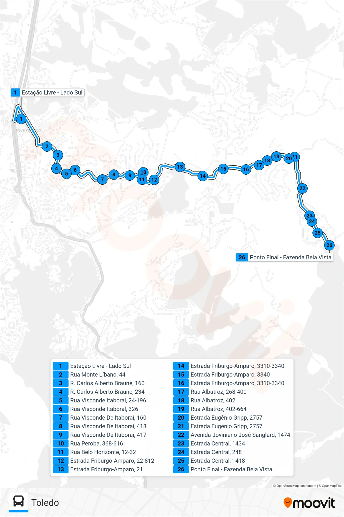 34 bus Line (Toledo / Fazenda Bela Vista) route and stops on a map