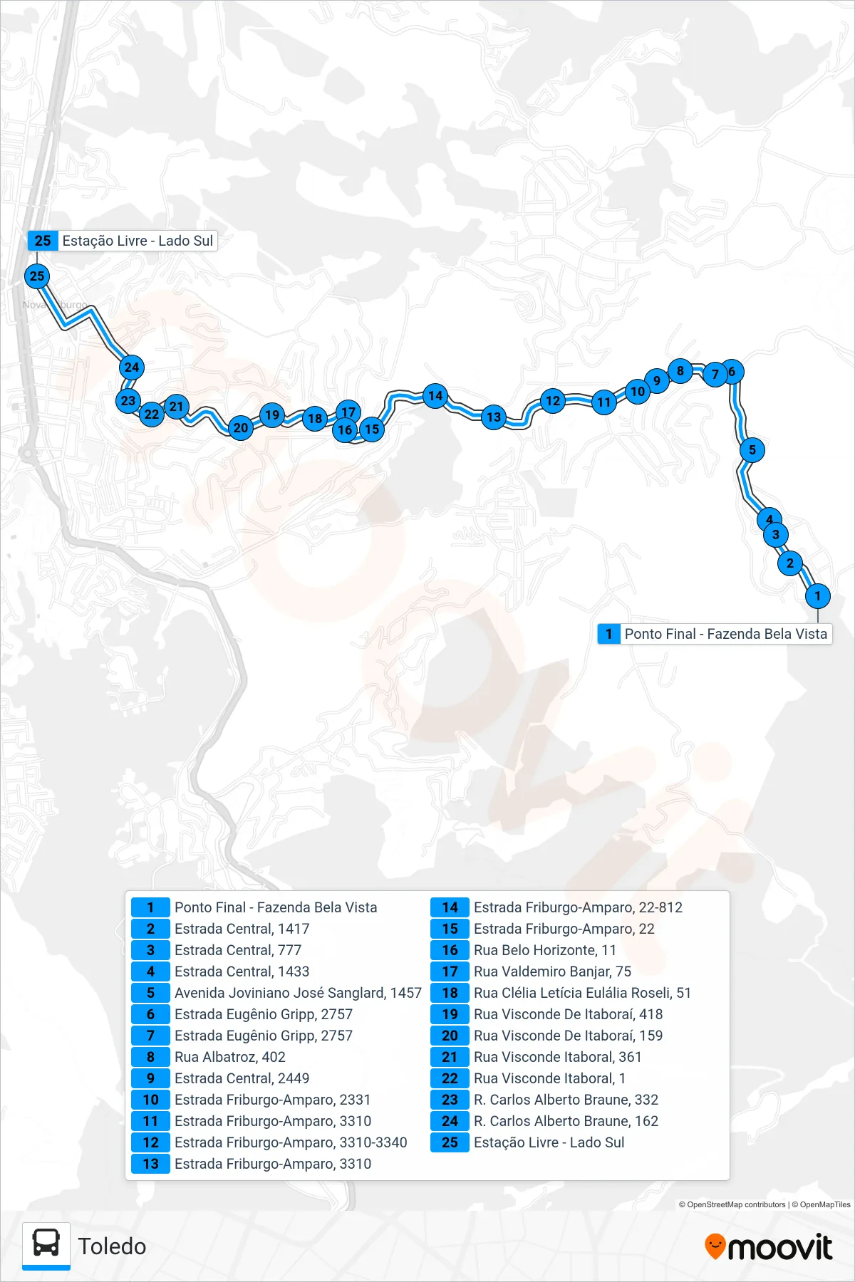 Rota e paradas da linha de ônibus  34  (Centro (Estação Livre)) no mapa