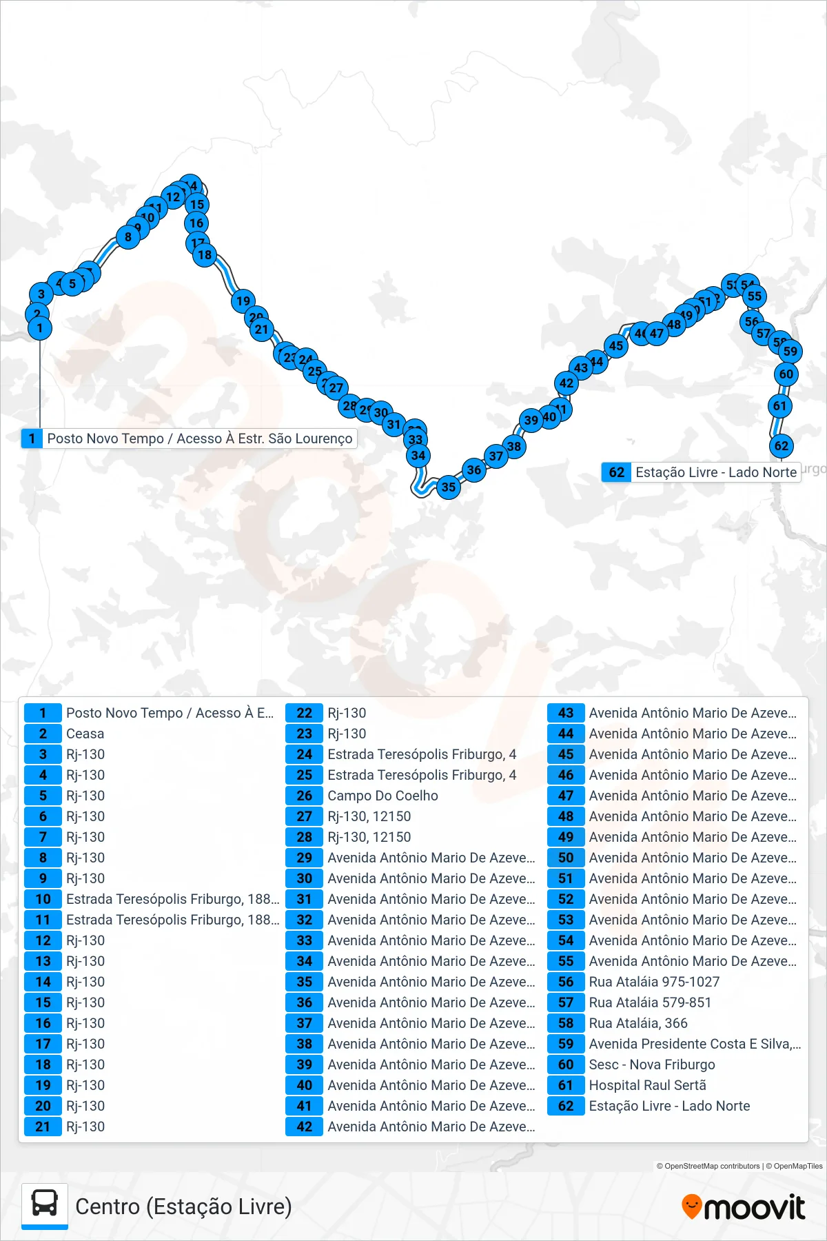 Rota e paradas da linha de ônibus 53 (Centro (Estação Livre)) no mapa