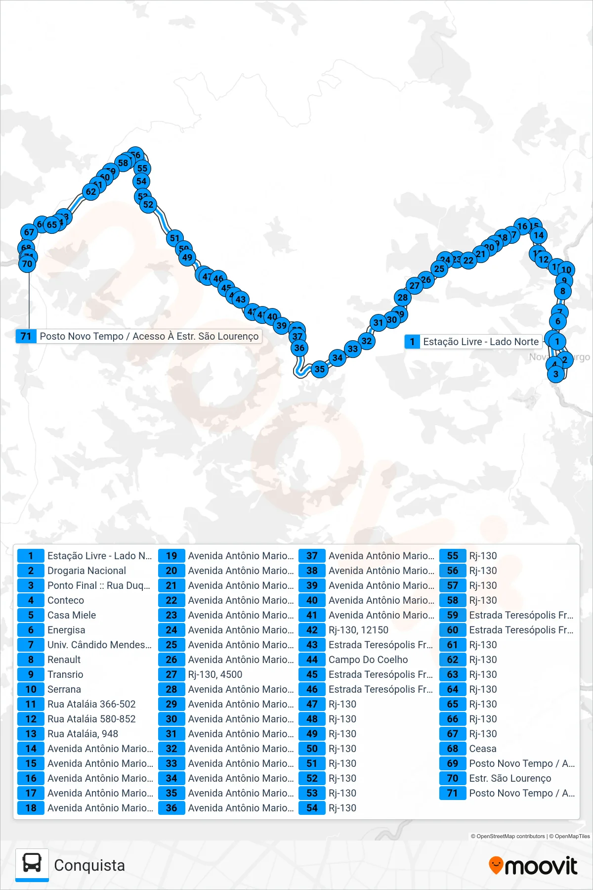 Rota e paradas da linha de ônibus  53  (Conquista) no mapa